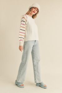Ivory Striped Balloon Sleeve Sweater sold by Pinkblush