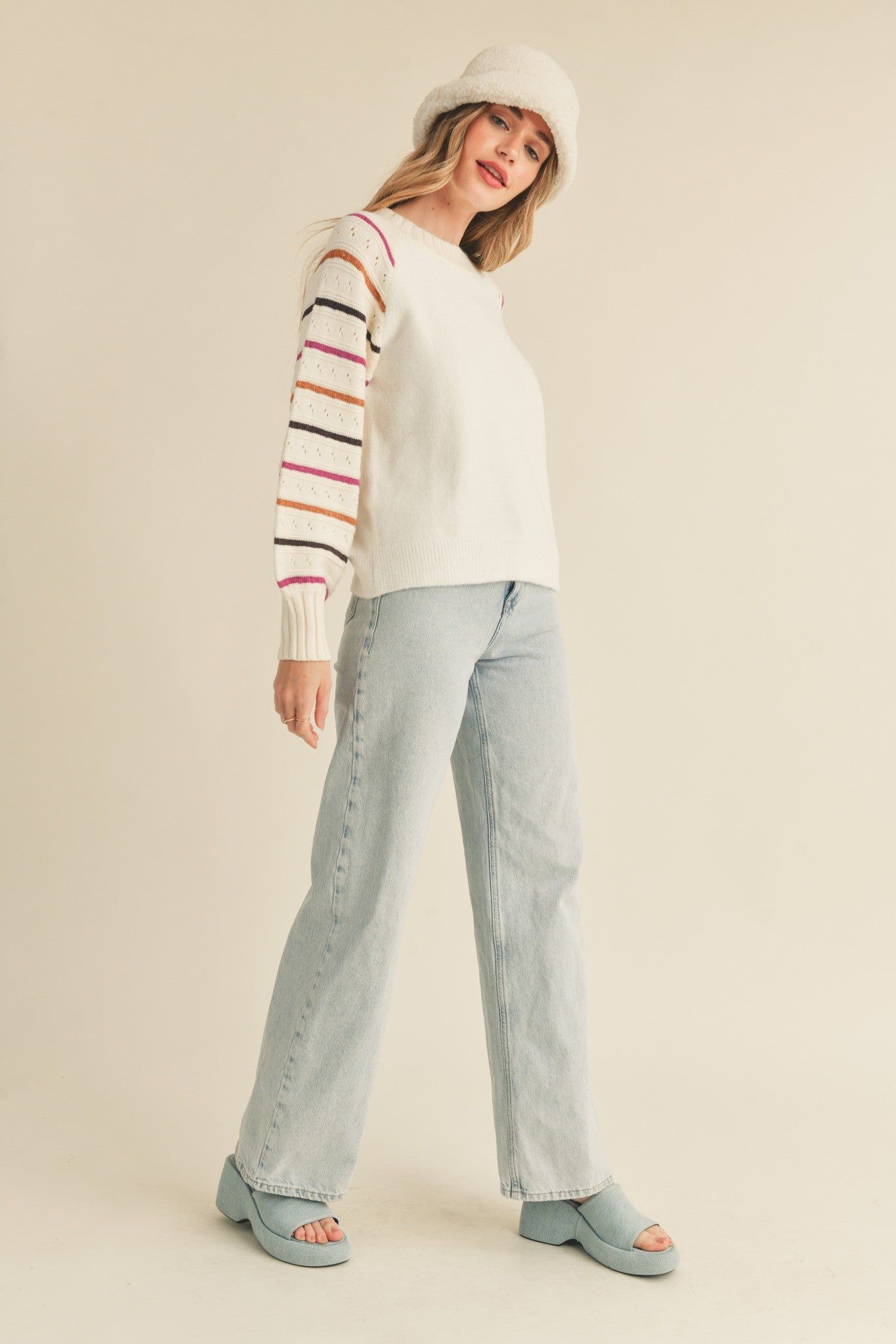 Ivory Striped Balloon Sleeve Sweater sold by Pinkblush product image thumbnail 4