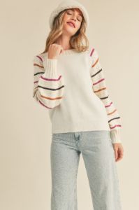 Ivory Striped Balloon Sleeve Sweater sold by Pinkblush