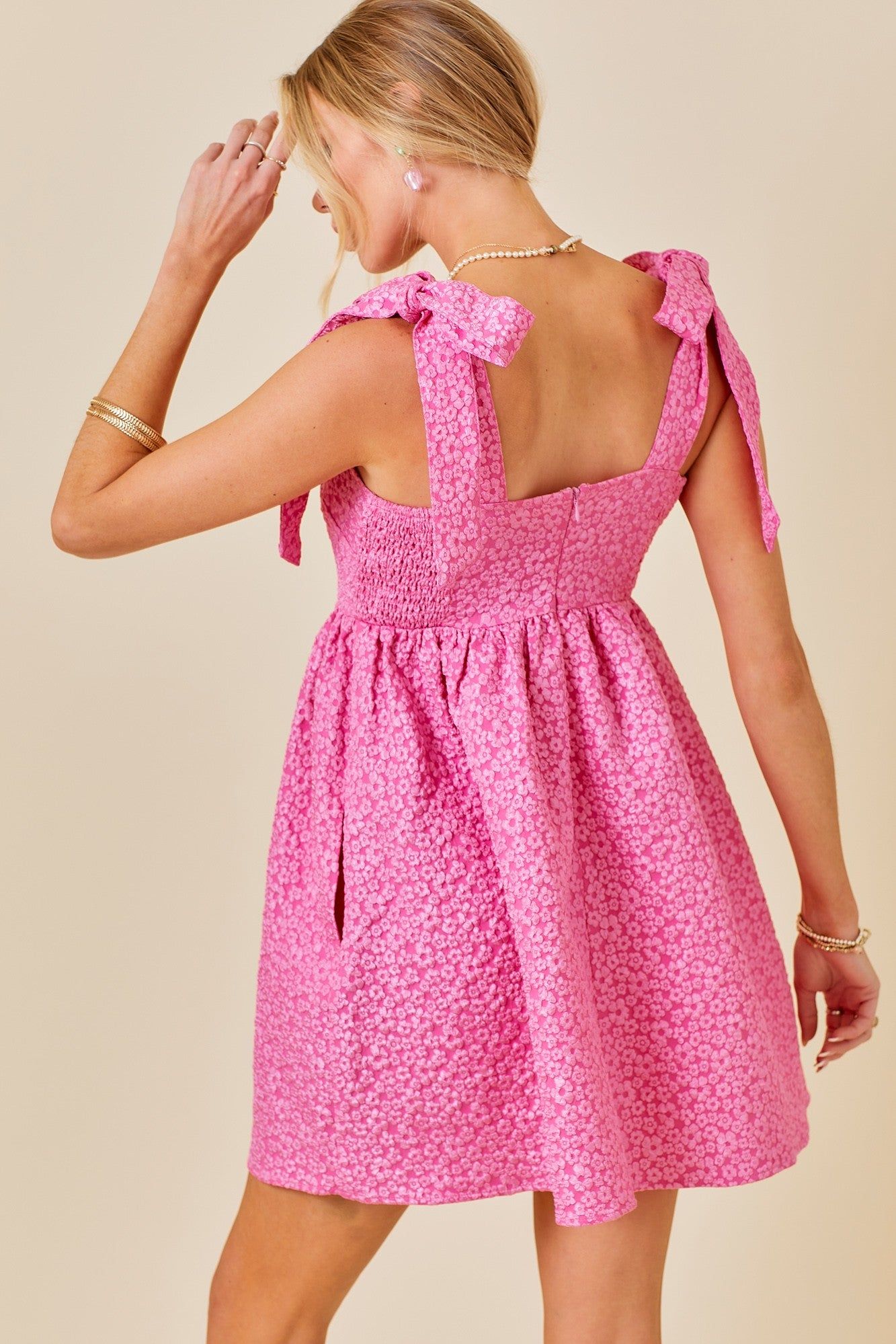 Hot Pink Floral Jacquard Mini Dress With Shoulder Straps sold by Pinkblush product image thumbnail 3
