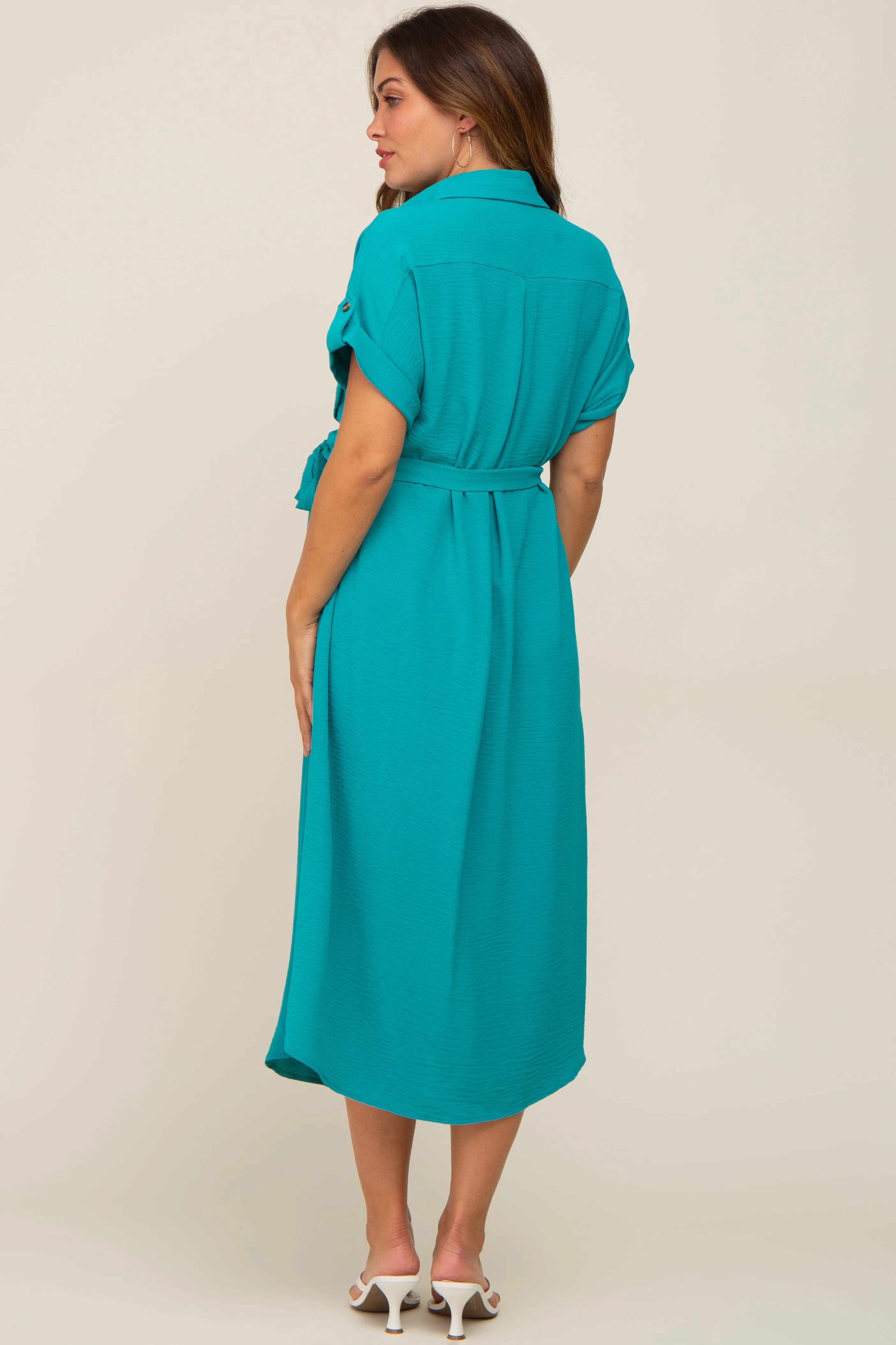 Emerald Green Button Up Front Pocket Maternity Midi Dress sold by Pinkblush product image thumbnail 3