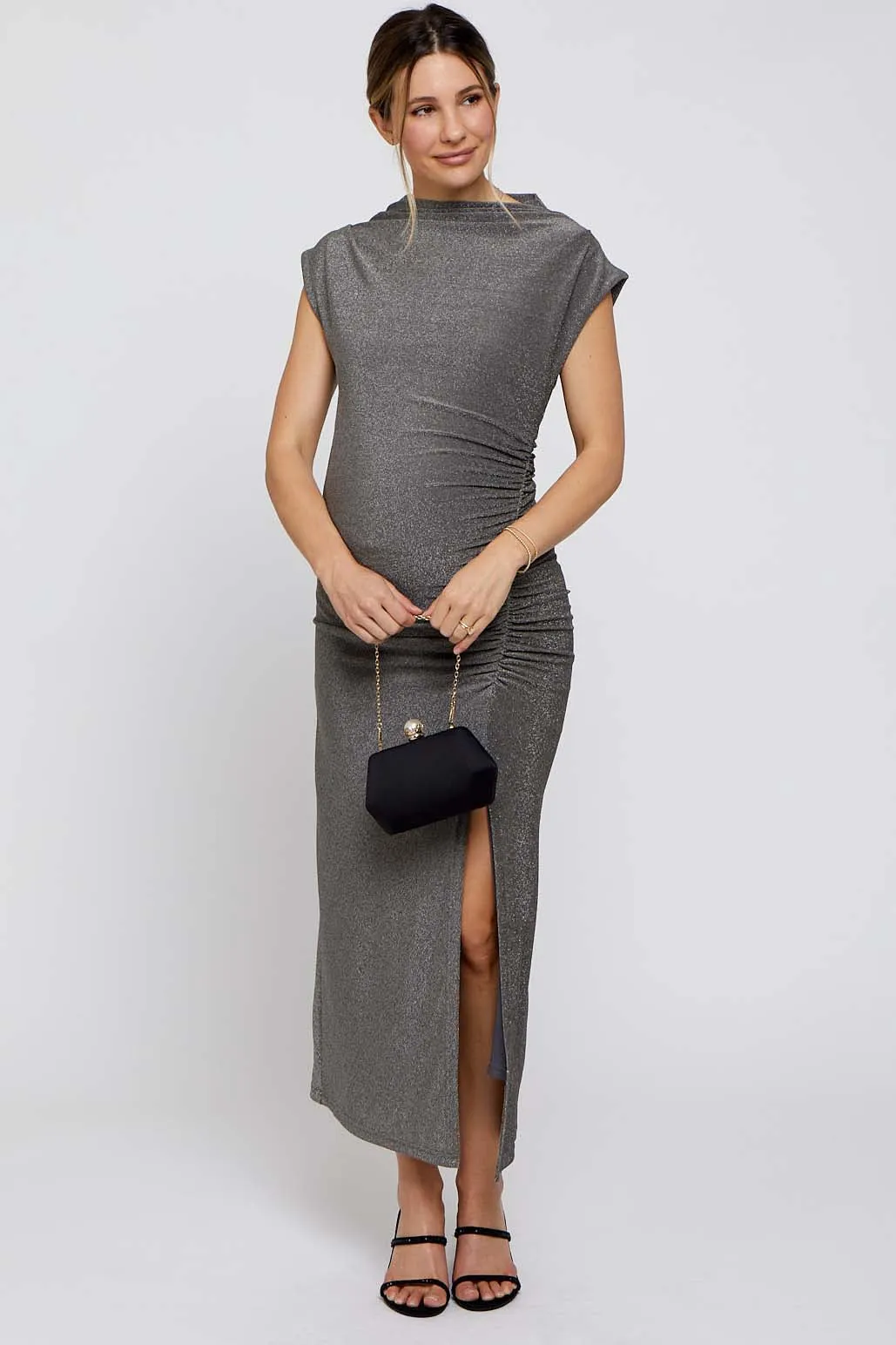 Grey Glitter Mock Neck Maternity Midi Dress sold by Pinkblush product image thumbnail 3
