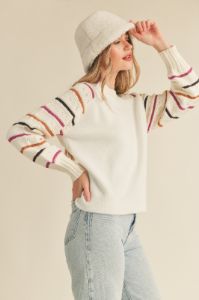 Ivory Striped Balloon Sleeve Sweater sold by Pinkblush