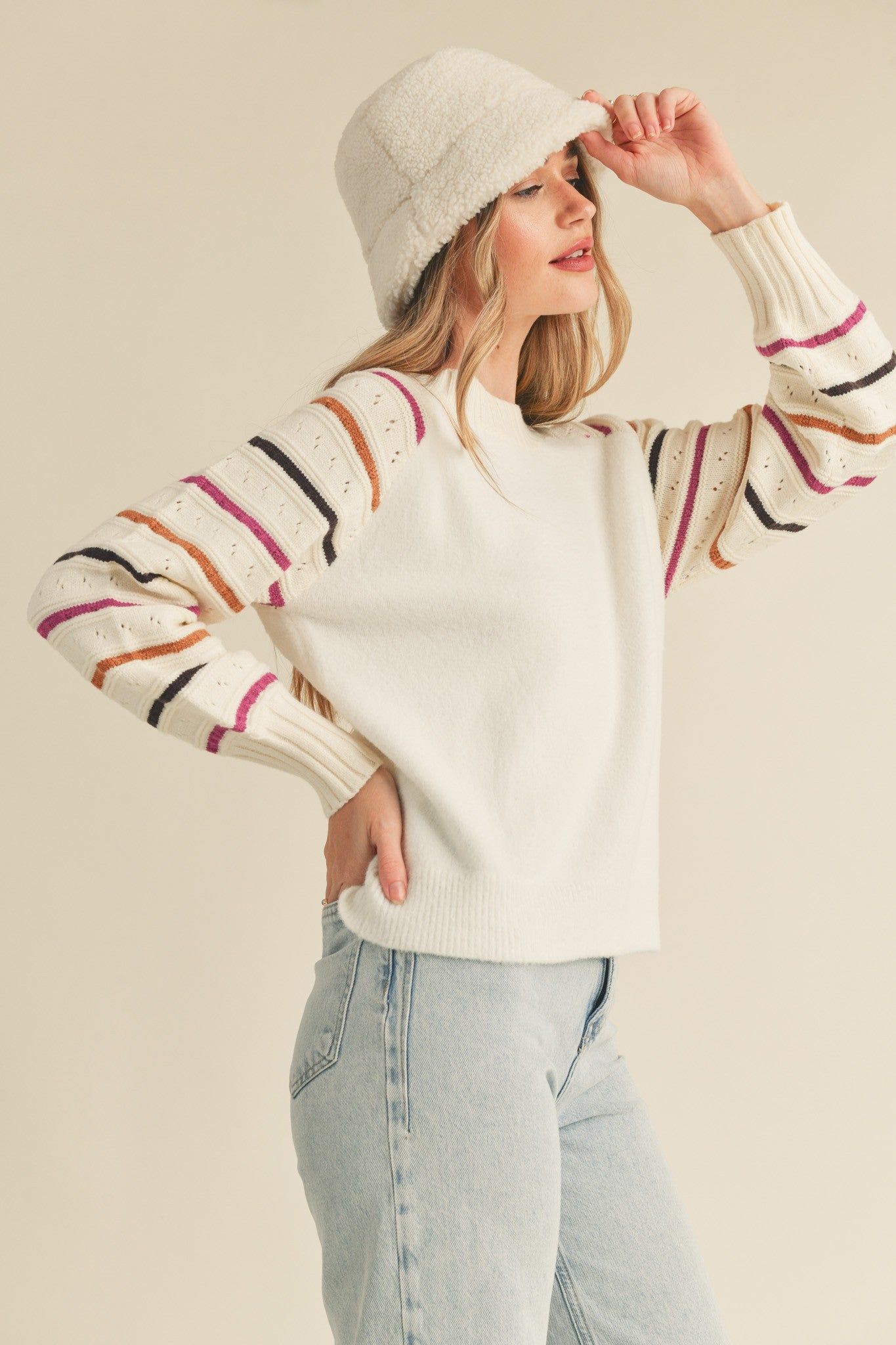 Ivory Striped Balloon Sleeve Sweater sold by Pinkblush product image thumbnail 2