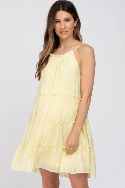 Yellow Tiered Ruffle Accent Maternity Mini Dress sold by Pinkblush