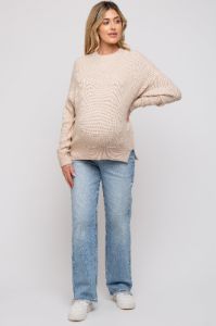 Beige Knit Side Slit Maternity Sweater sold by Pinkblush