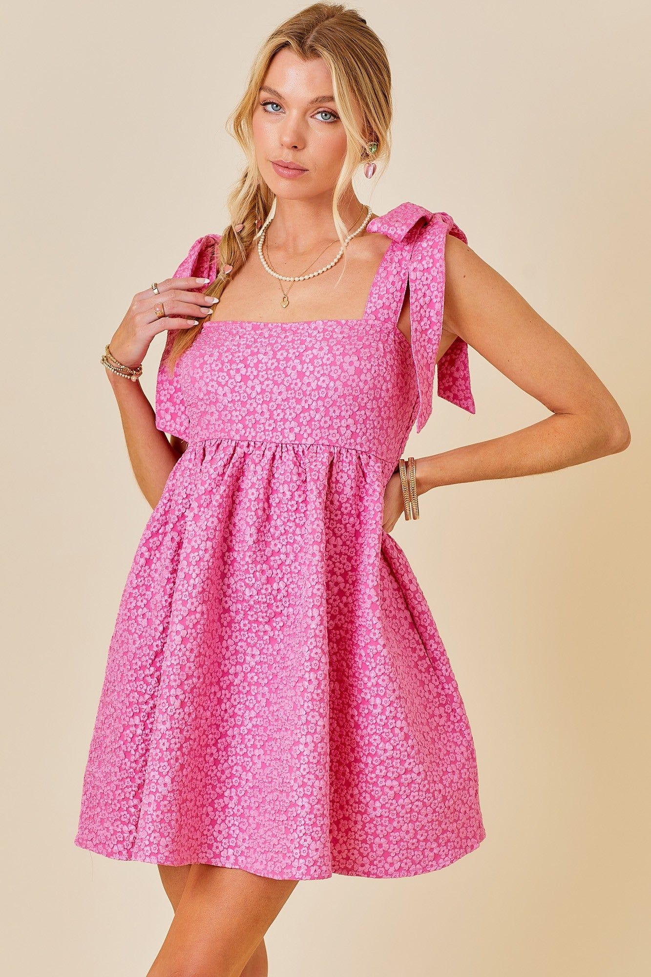 Hot Pink Floral Jacquard Mini Dress With Shoulder Straps sold by Pinkblush