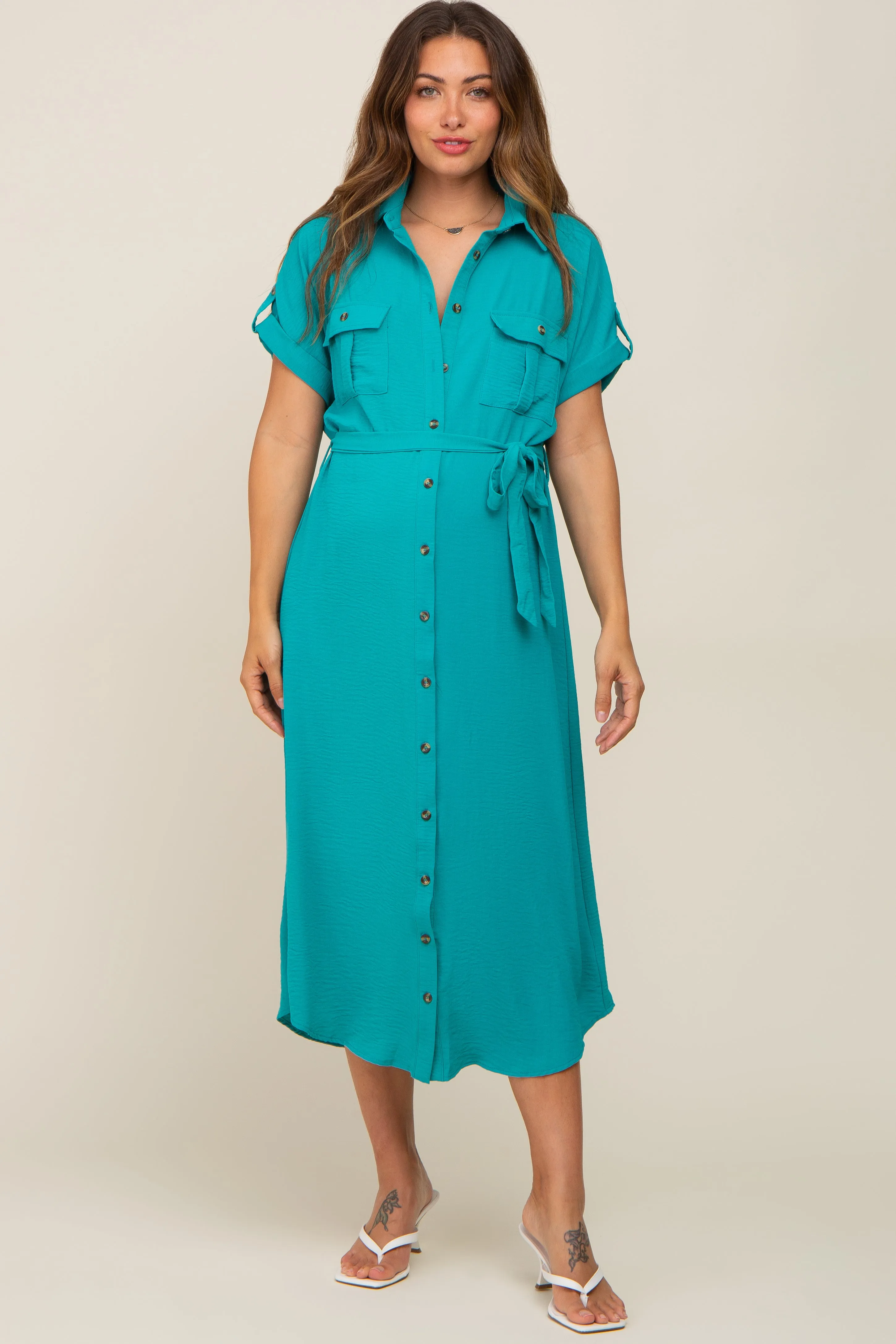 Emerald Green Button Up Front Pocket Maternity Midi Dress sold by Pinkblush product image thumbnail 4