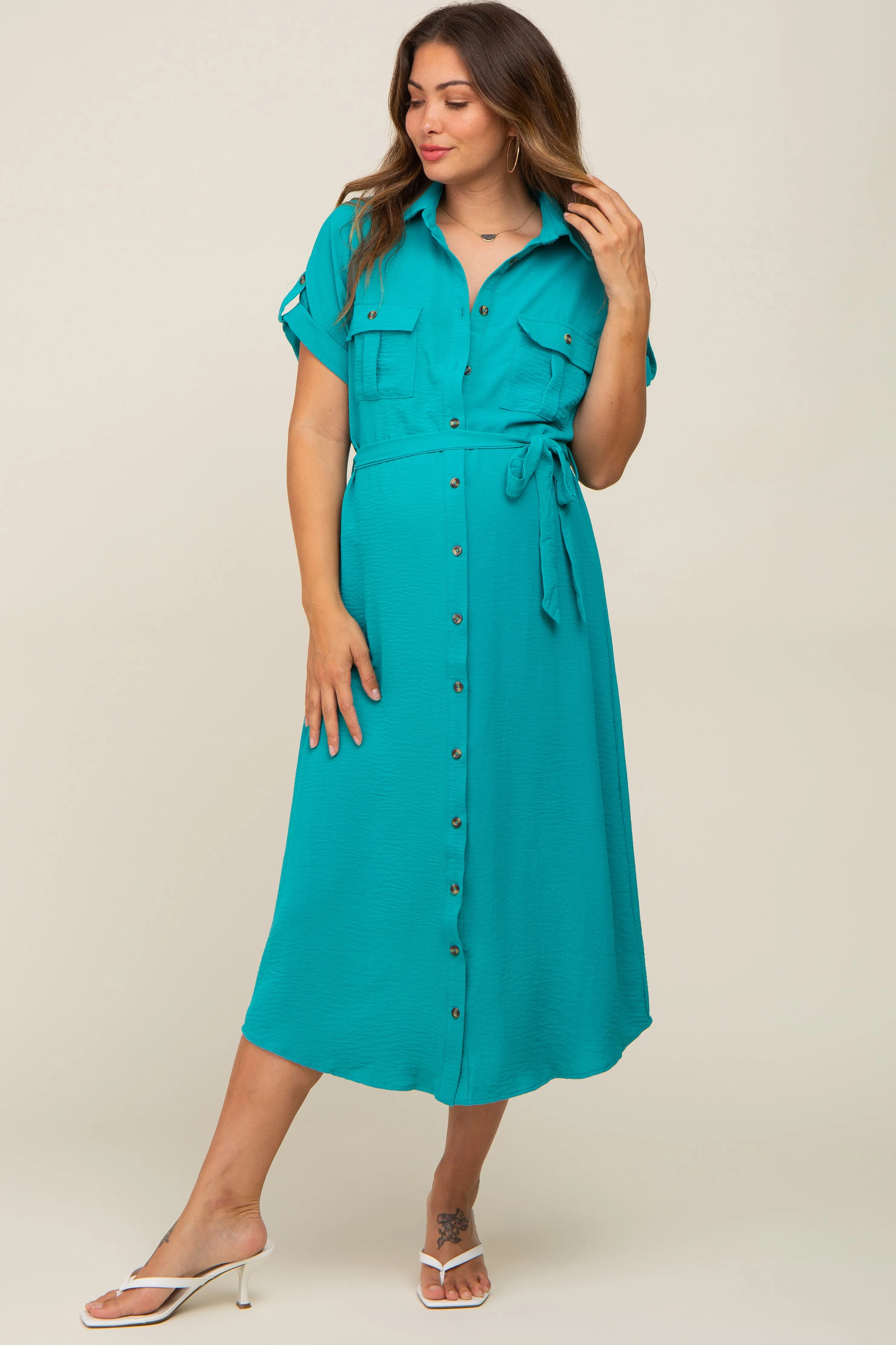 Emerald Green Button Up Front Pocket Maternity Midi Dress sold by Pinkblush
