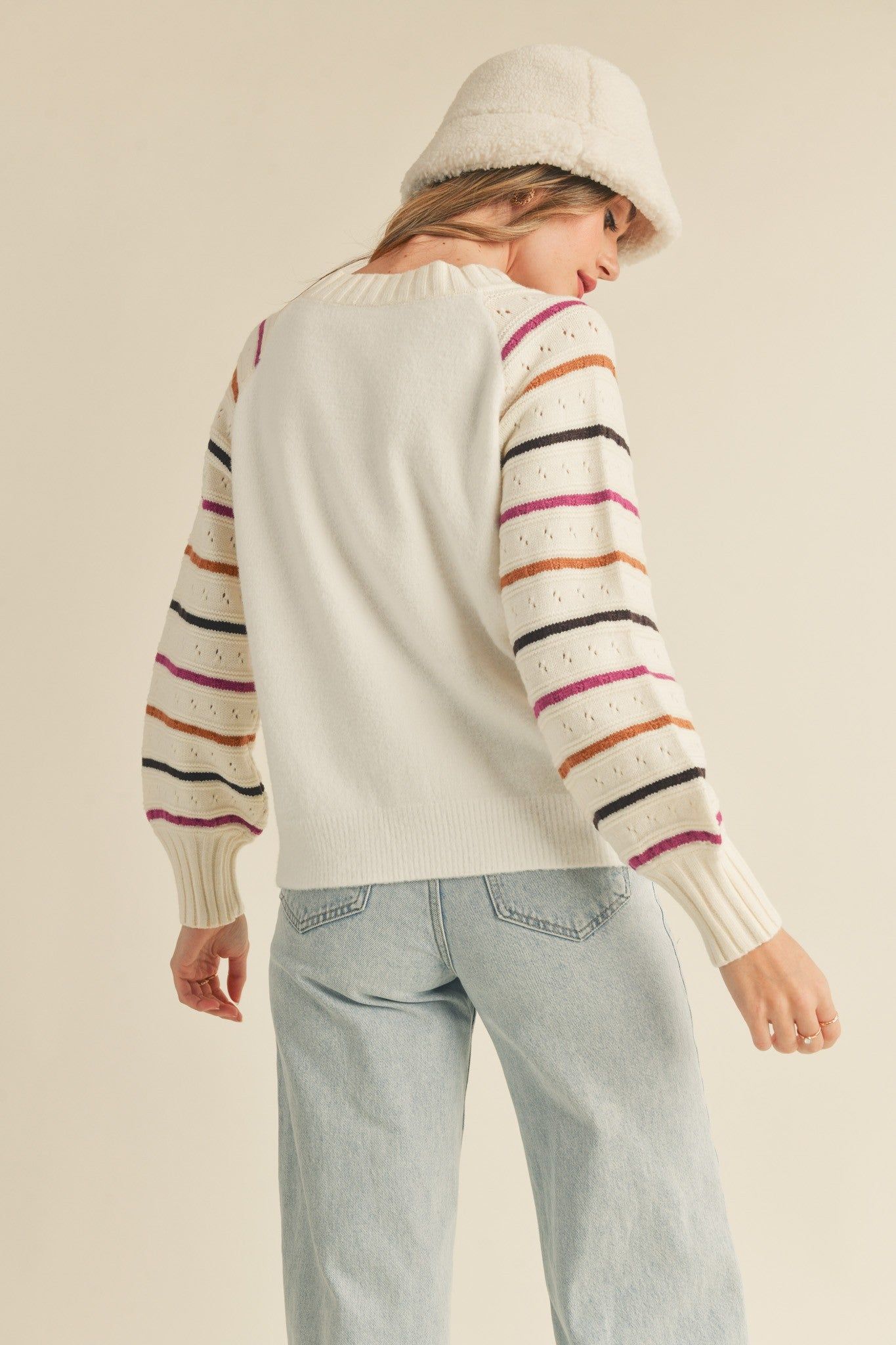Ivory Striped Balloon Sleeve Sweater sold by Pinkblush product image thumbnail 3