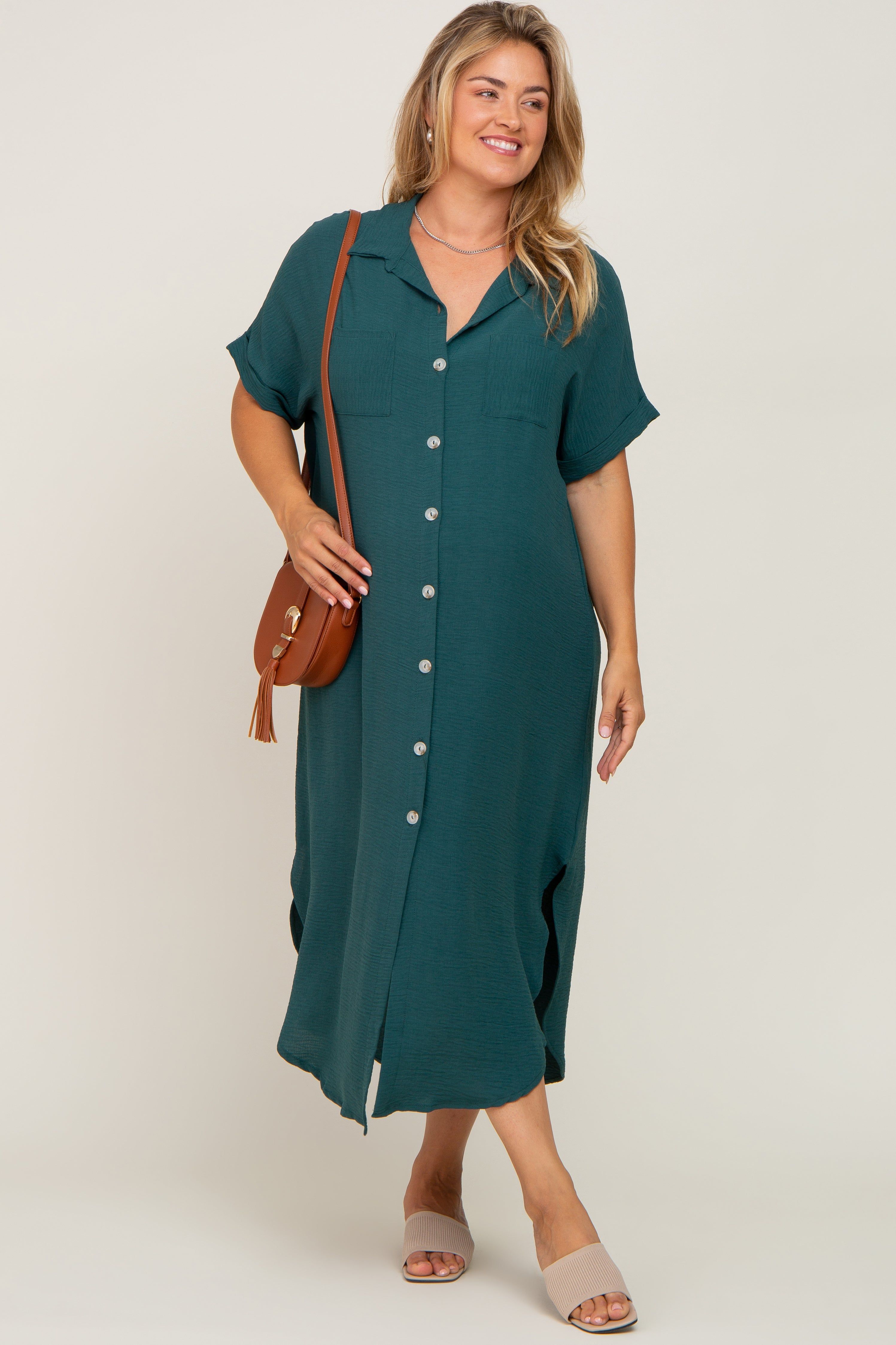 Forest Green Button Down Hi Low Maternity Plus Maxi Dress sold by Pinkblush product image thumbnail 4