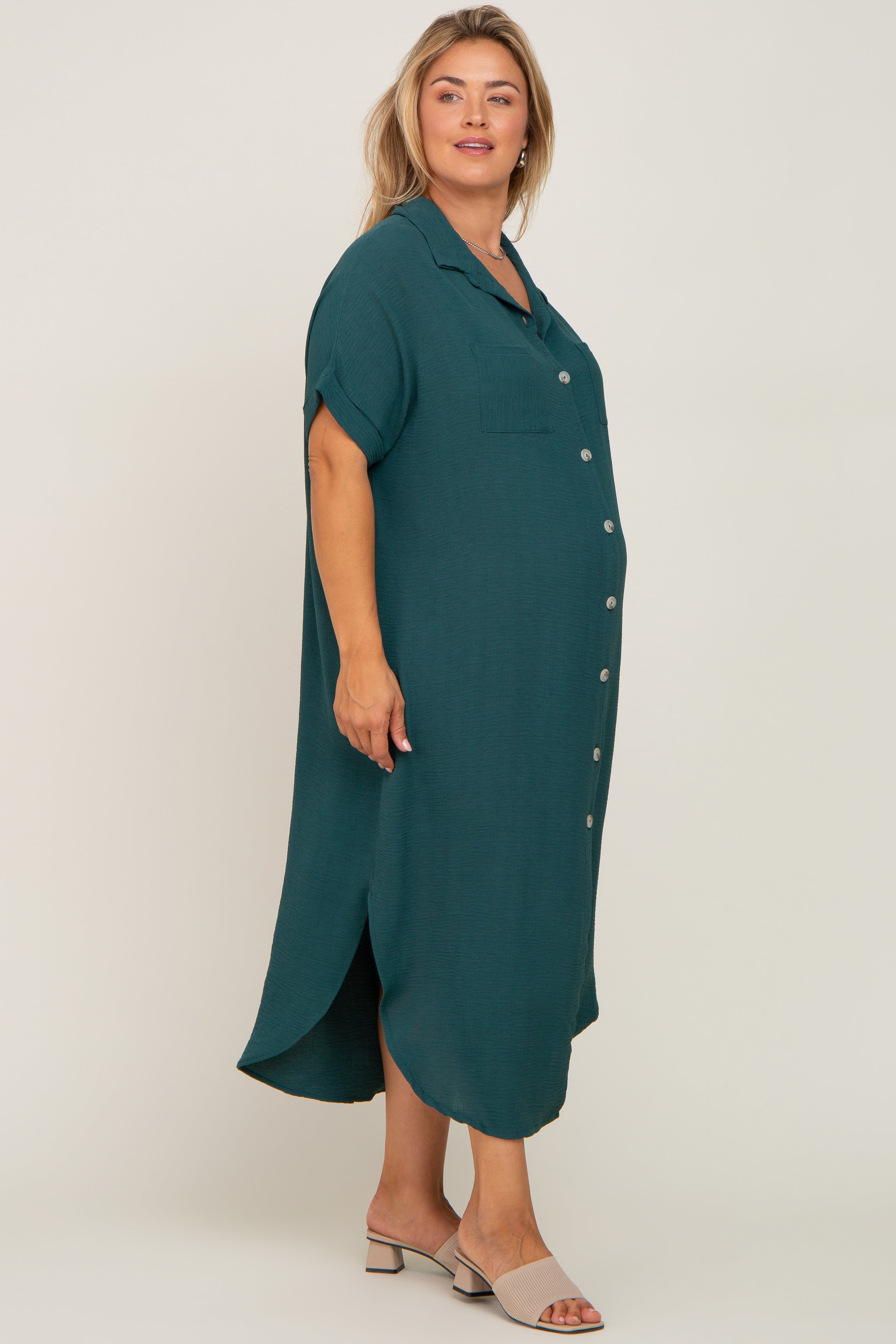 Forest Green Button Down Hi Low Maternity Plus Maxi Dress sold by Pinkblush product image thumbnail 2