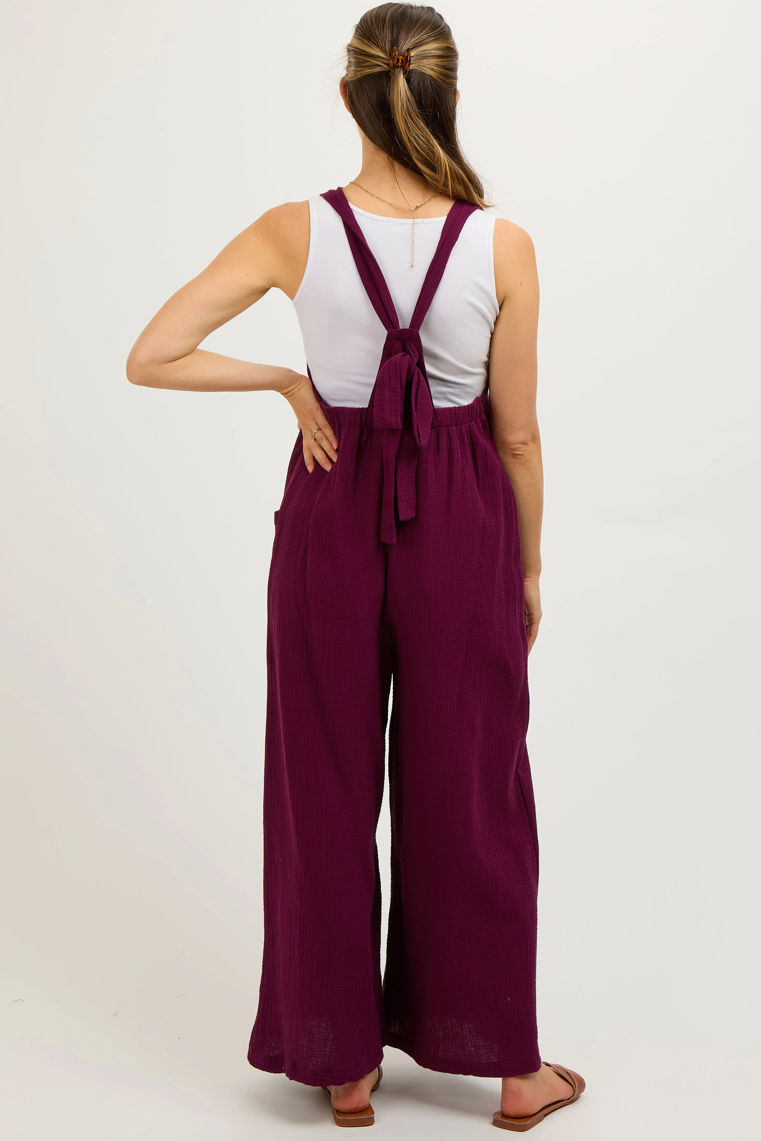Burgundy Wide Leg Tie Back Maternity Overalls sold by Pinkblush product image thumbnail 4