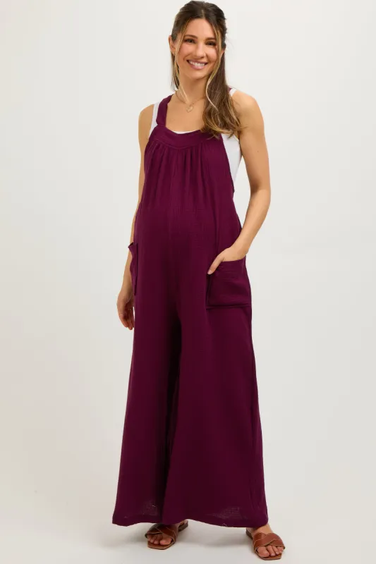 Burgundy Wide Leg Tie Back Maternity Overalls sold by Pinkblush