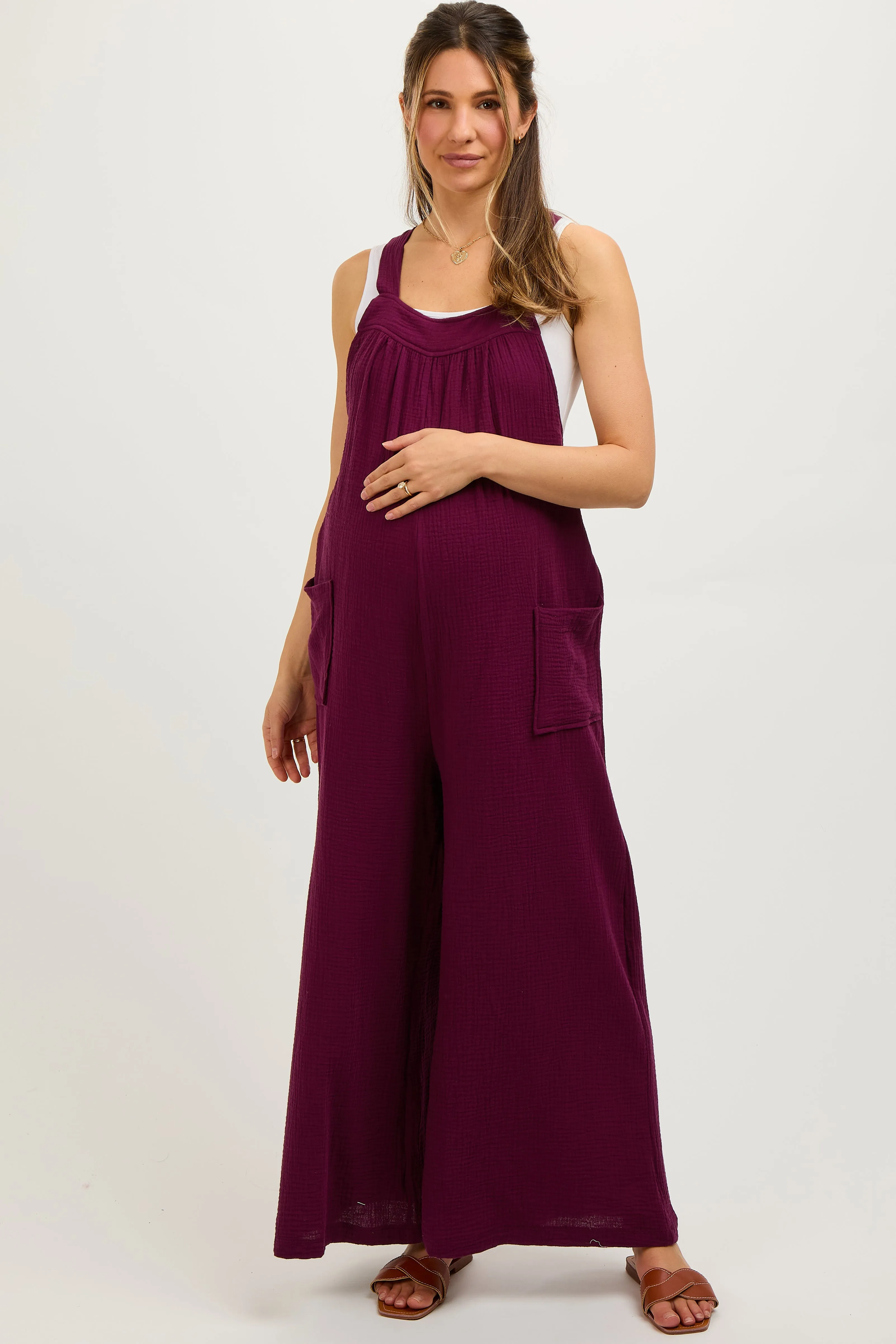 Burgundy Wide Leg Tie Back Maternity Overalls sold by Pinkblush product image thumbnail 2