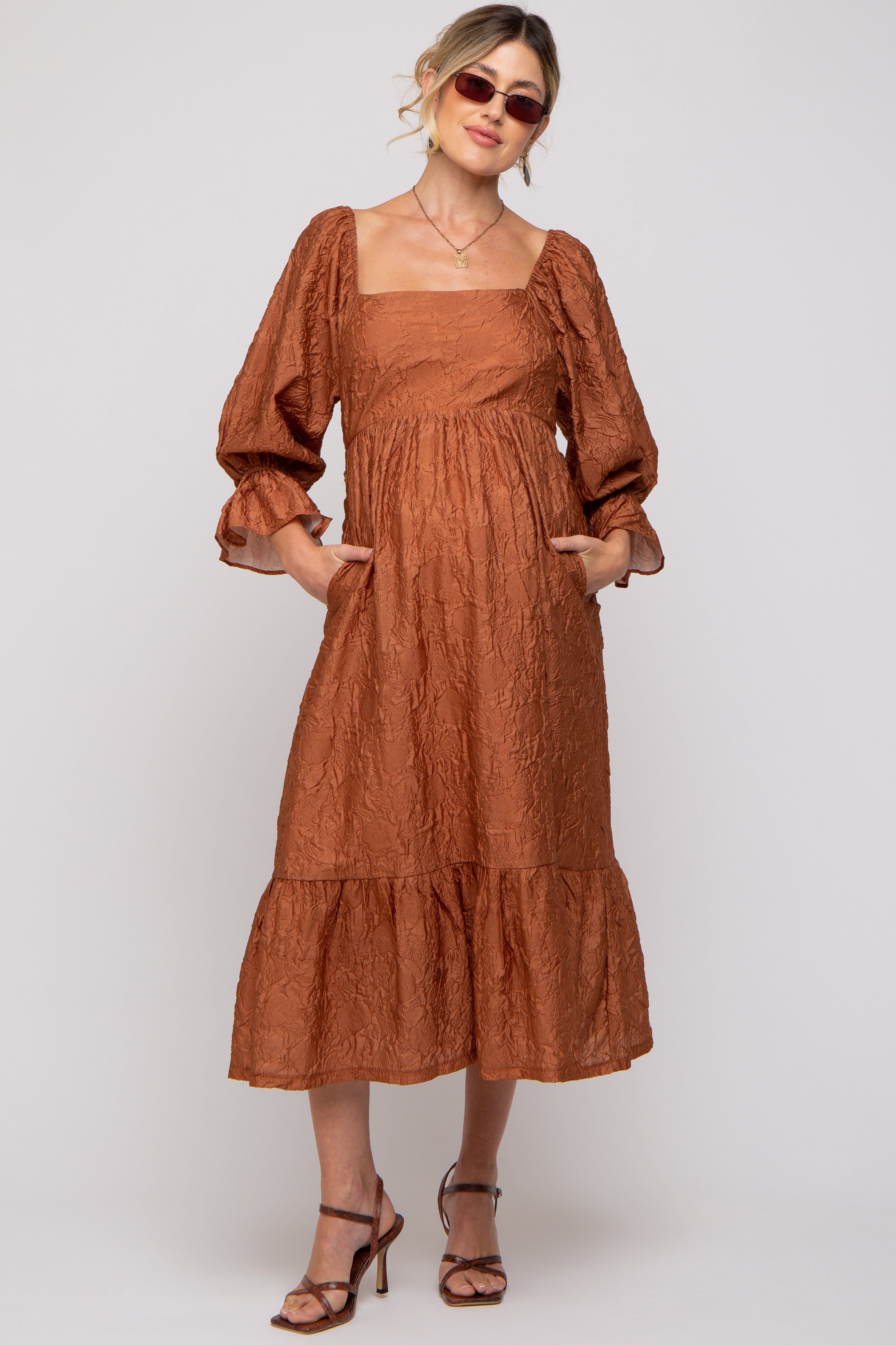 Rust Metallic Jacquard Floral Maternity Midi Dress sold by Pinkblush product image thumbnail 5