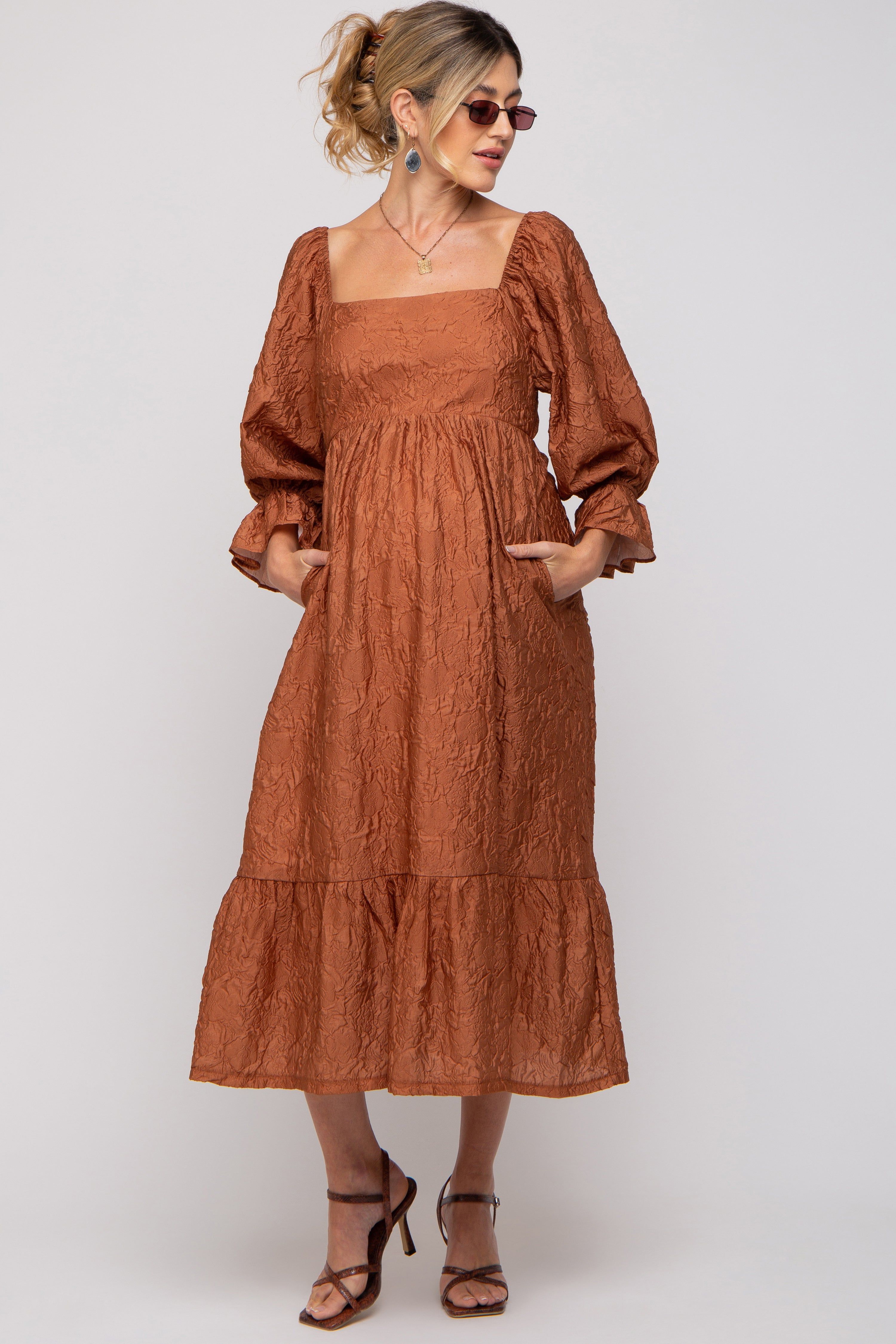 Rust Metallic Jacquard Floral Maternity Midi Dress sold by Pinkblush product image thumbnail 2