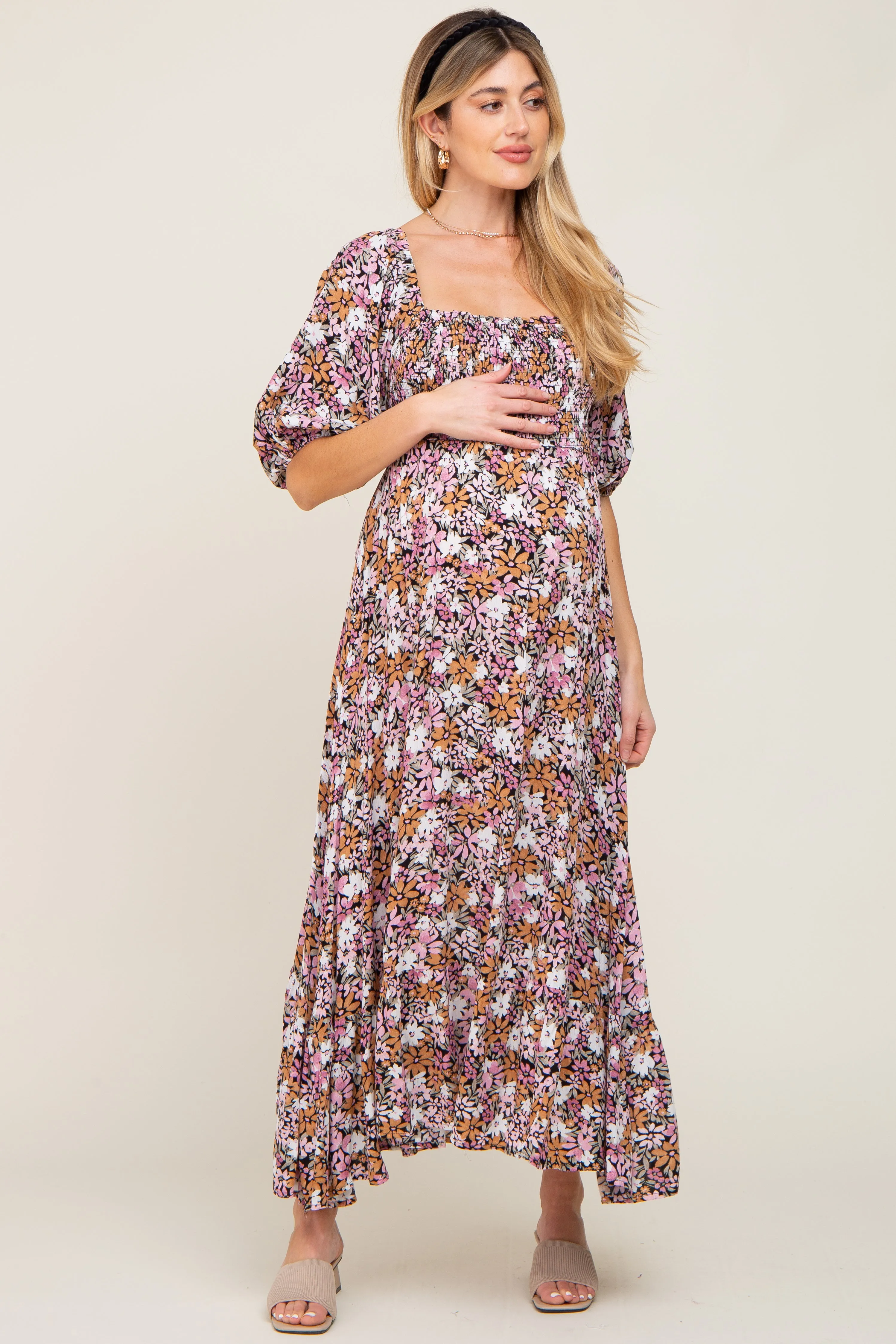 Black Multi-Color Floral Maternity Maxi Dress sold by Pinkblush product image thumbnail 2