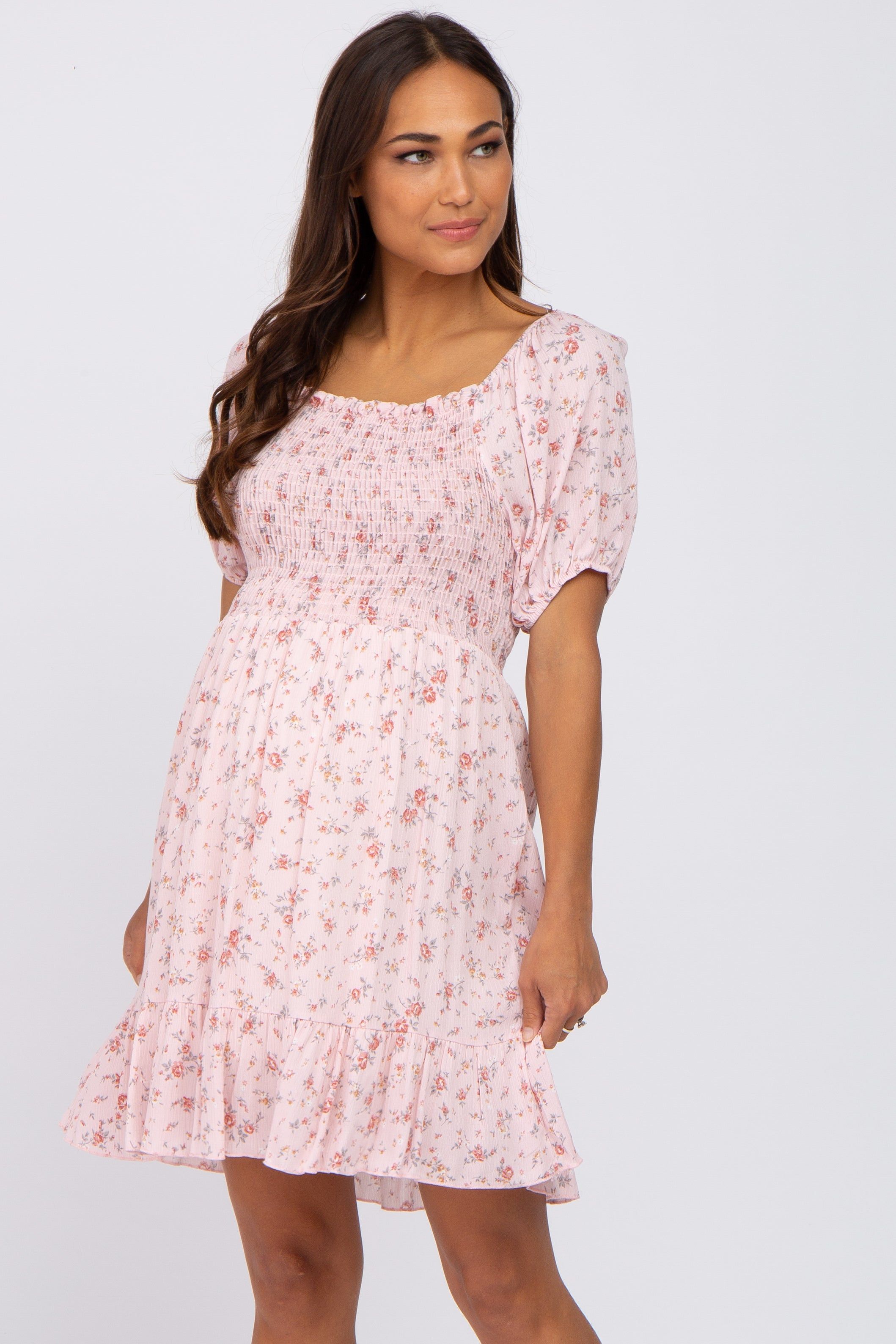 Pink Floral Smocked Maternity Mini Dress sold by Pinkblush