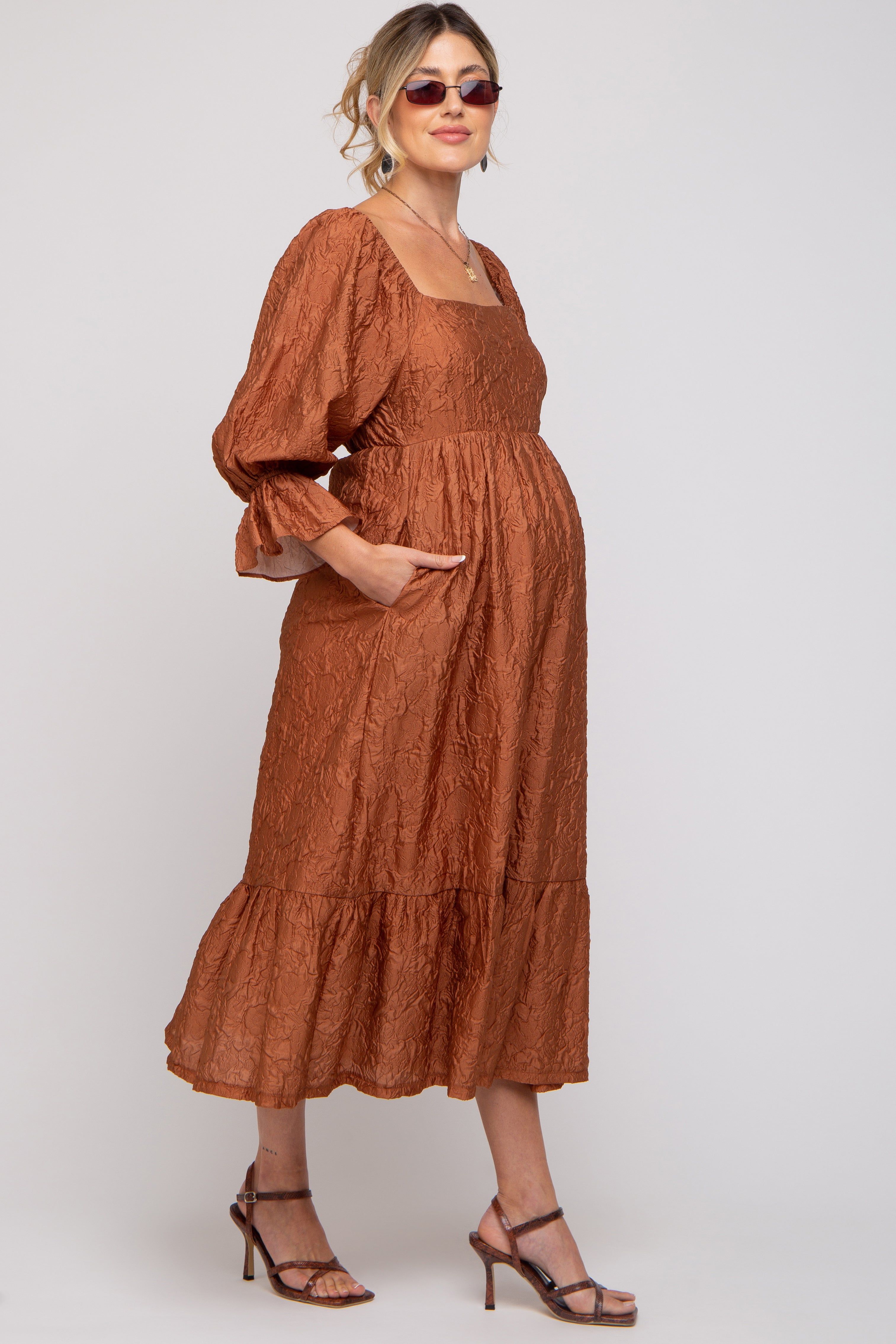 Rust Metallic Jacquard Floral Maternity Midi Dress sold by Pinkblush product image thumbnail 3