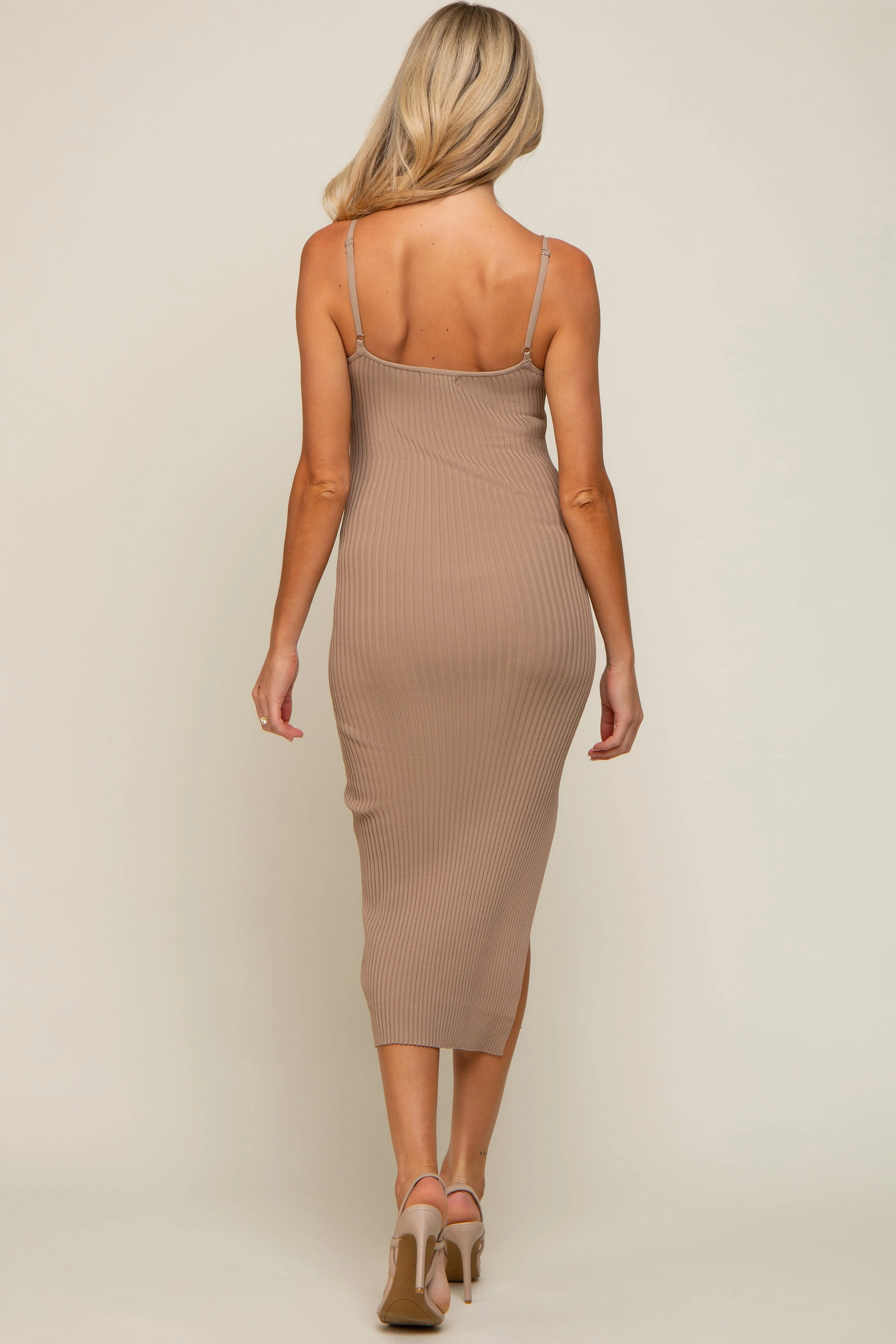 Mocha Ribbed Sleeveless Side Slit Maternity Midi Dress sold by Pinkblush product image thumbnail 3