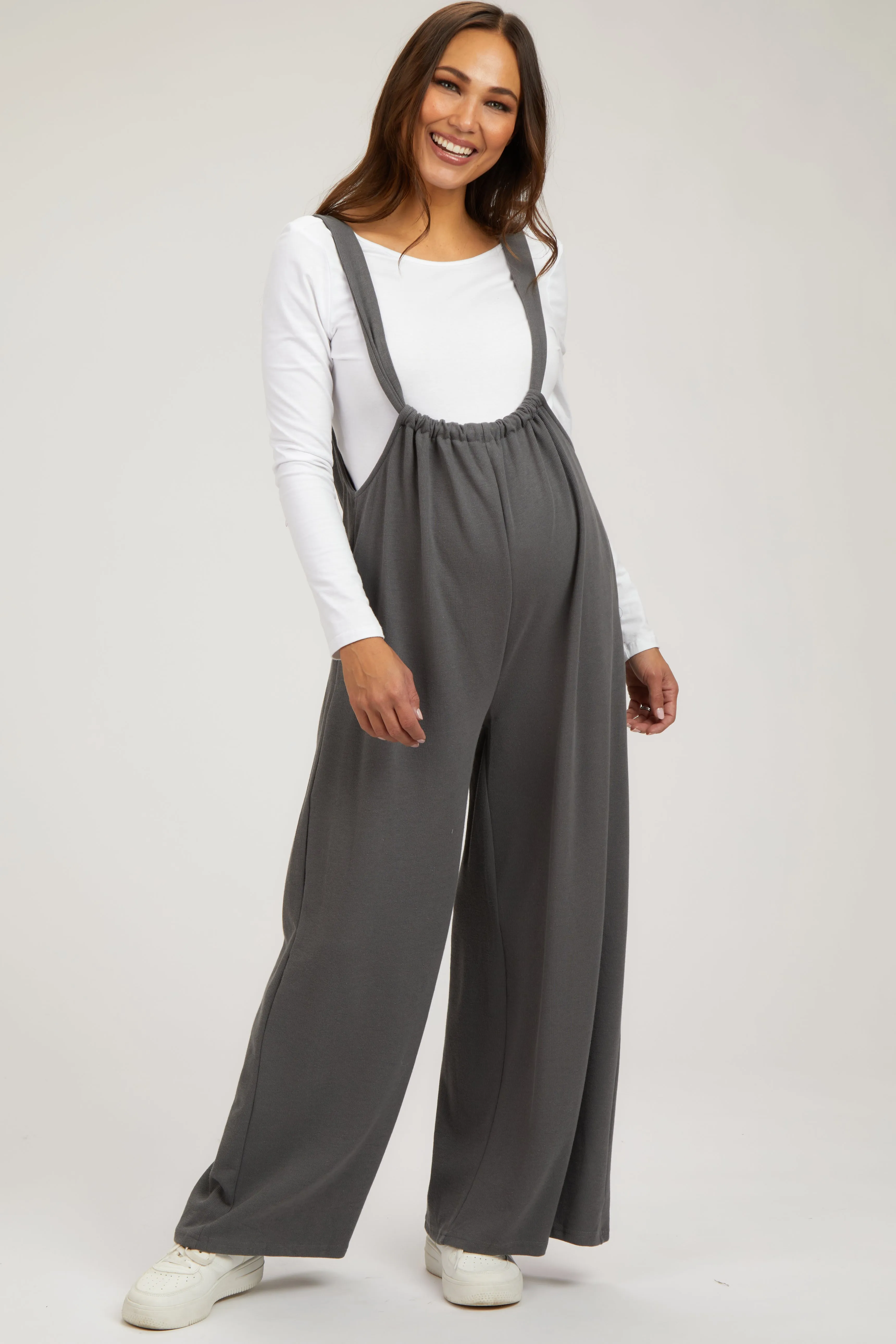 Grey Ribbed Drawstring Wide Leg Maternity Jumpsuit sold by Pinkblush