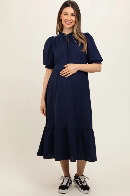 Navy Balloon Sleeve Split Neck Maternity Midi Dress sold by Pinkblush