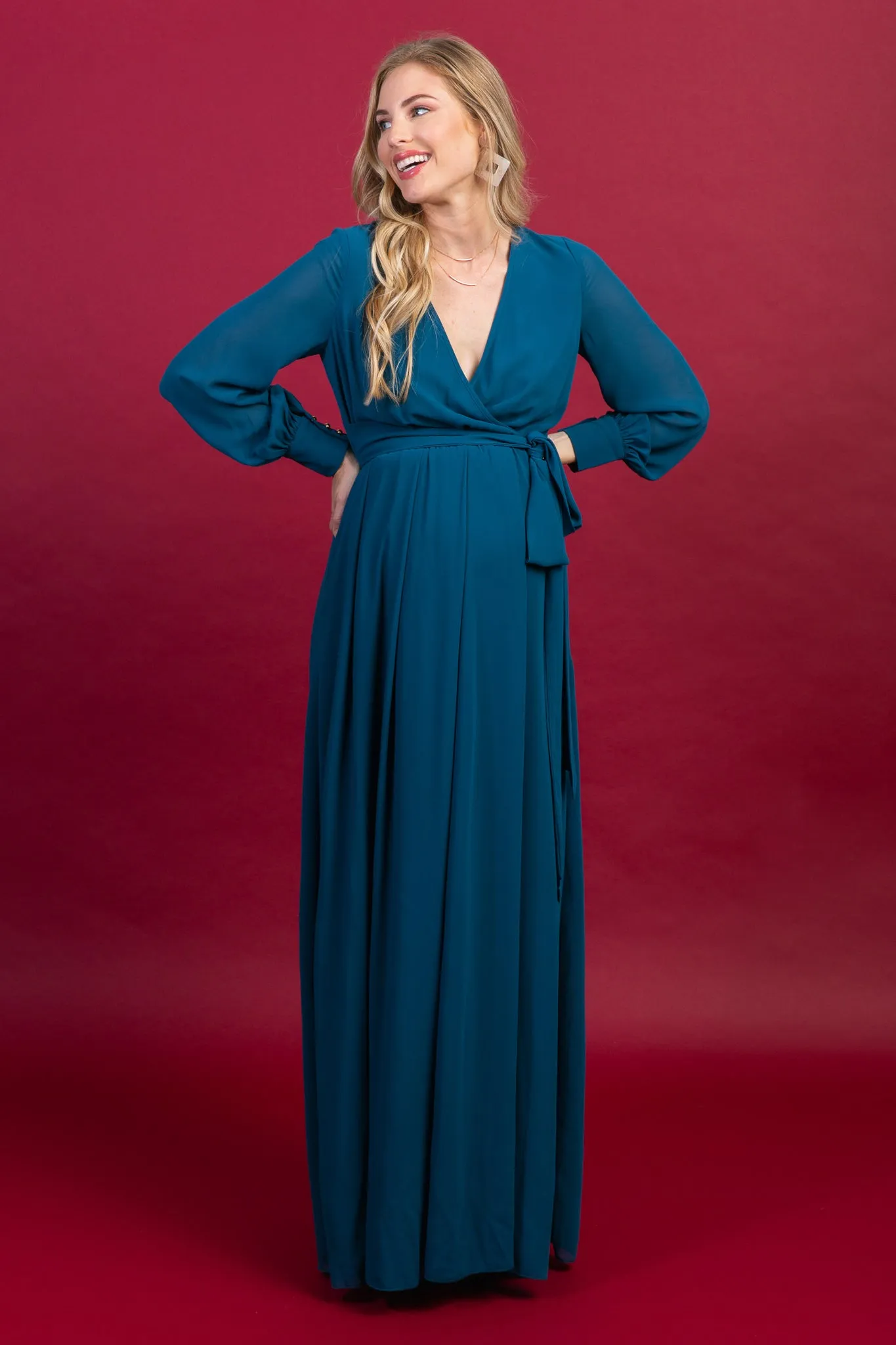 Teal Chiffon Long Sleeve Pleated Maternity Maxi Dress sold by Pinkblush product image thumbnail 4