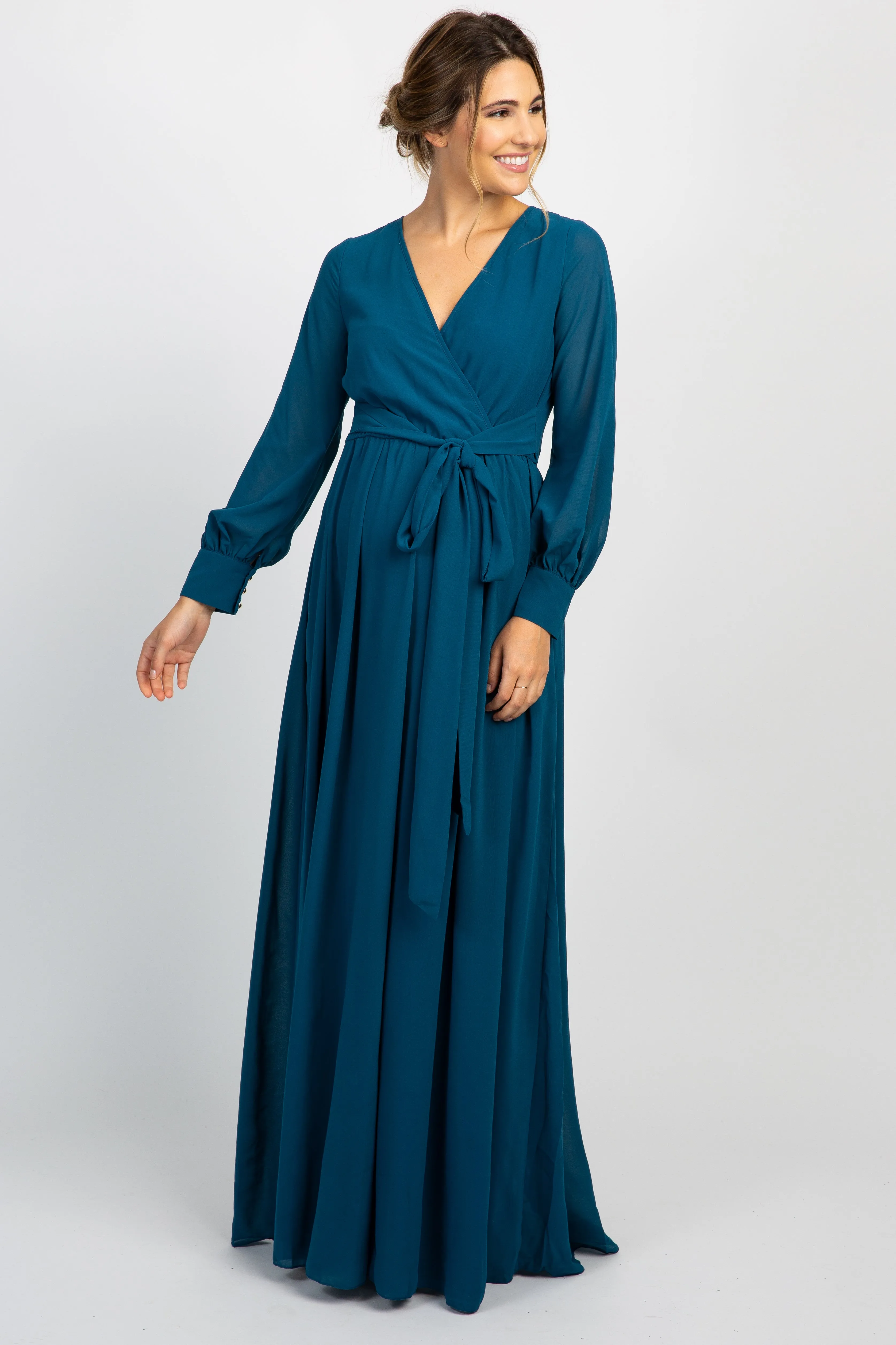 Teal Chiffon Long Sleeve Pleated Maternity Maxi Dress sold by Pinkblush