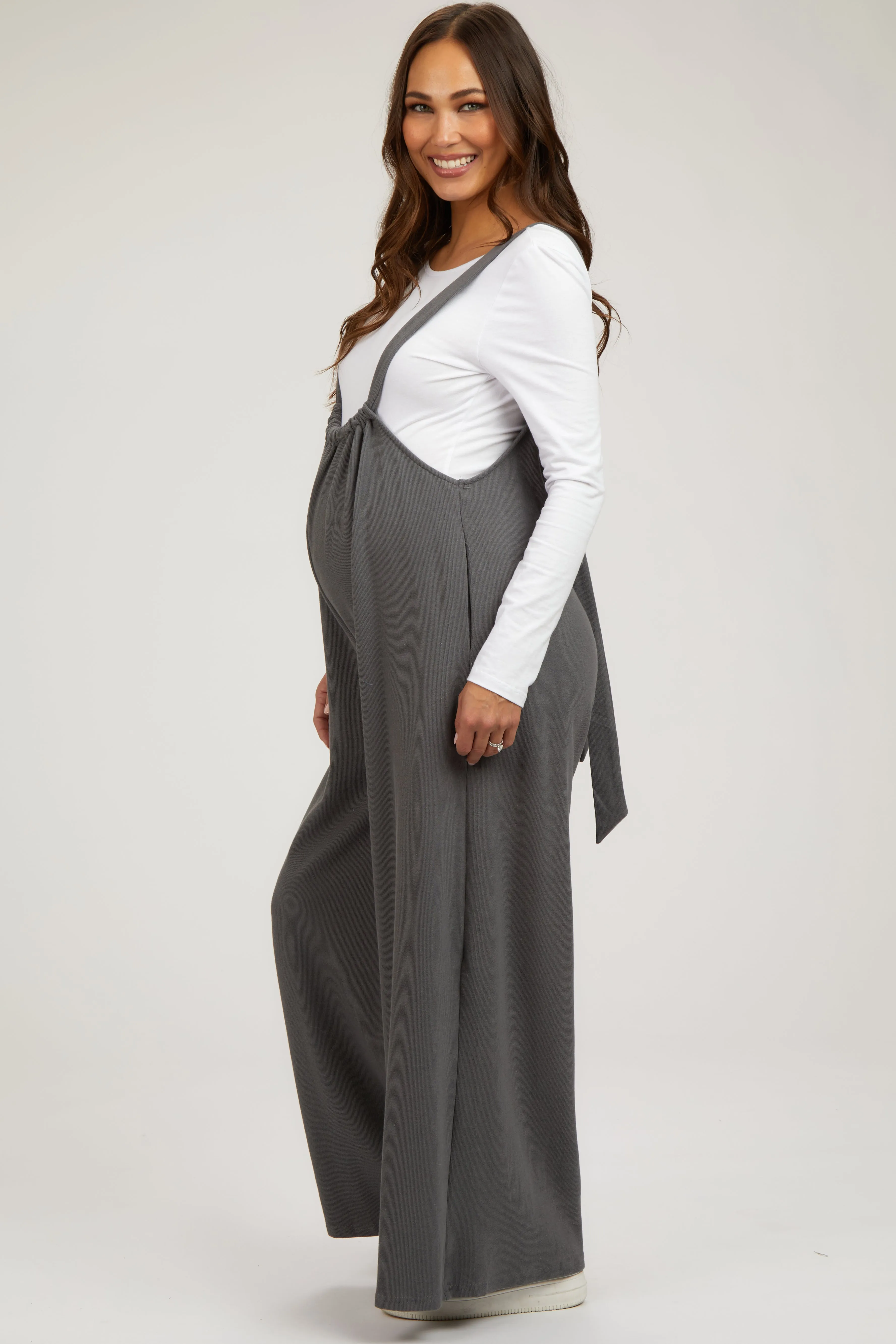 Grey Ribbed Drawstring Wide Leg Maternity Jumpsuit sold by Pinkblush product image thumbnail 2