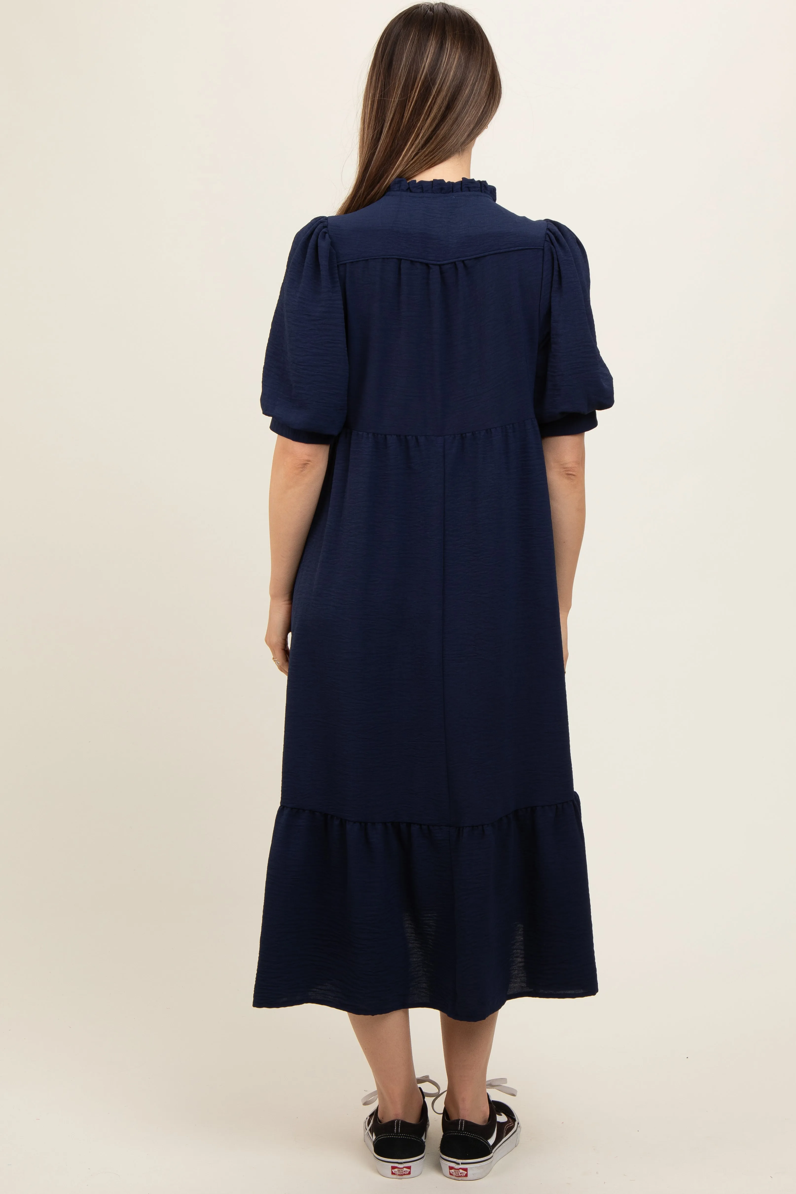 Navy Balloon Sleeve Split Neck Maternity Midi Dress sold by Pinkblush product image thumbnail 2