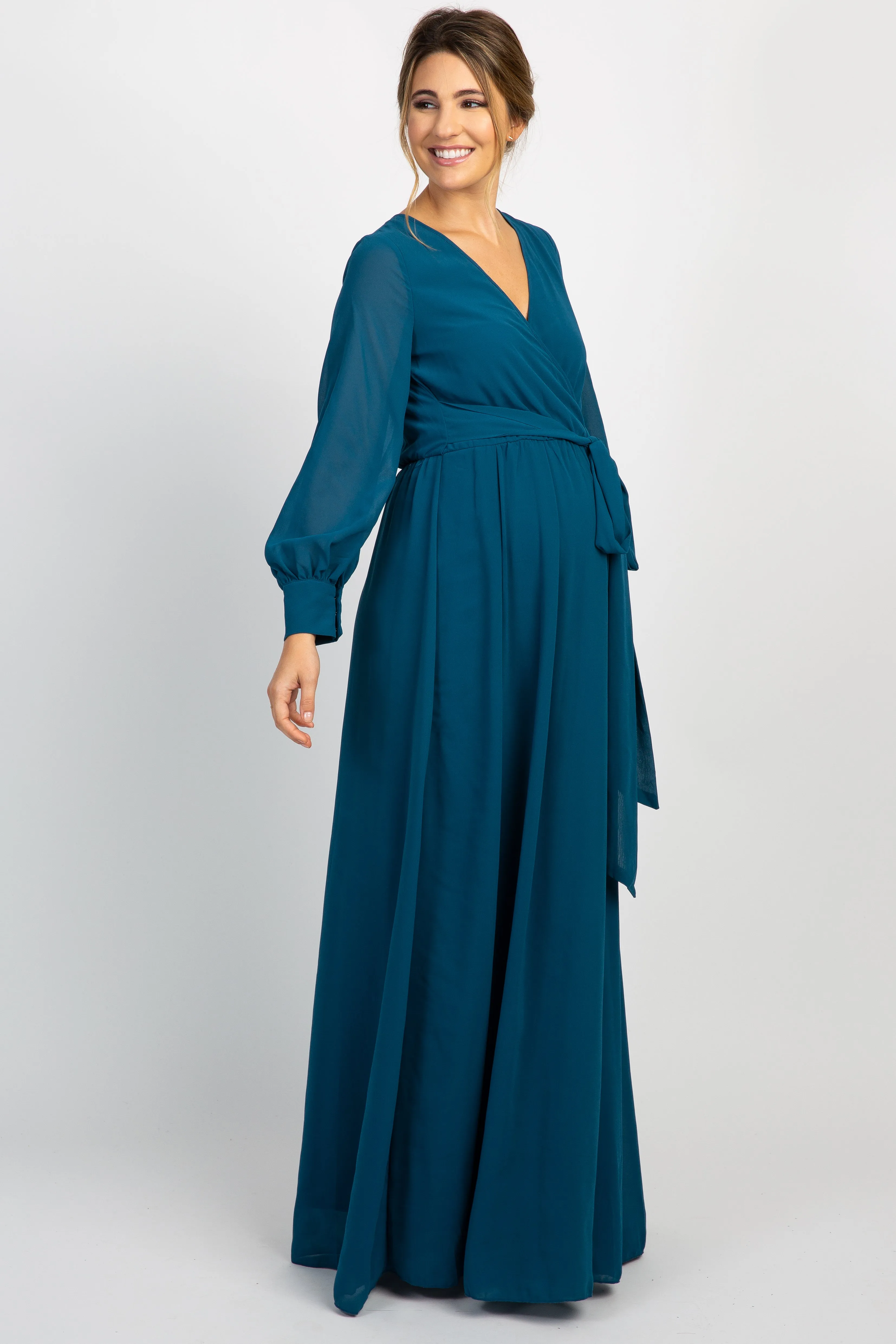 Teal Chiffon Long Sleeve Pleated Maternity Maxi Dress sold by Pinkblush product image thumbnail 2