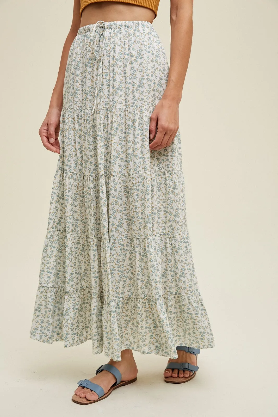 Sage Floral Tiered Maxi Skirt With Drawstring sold by Pinkblush product image thumbnail 3
