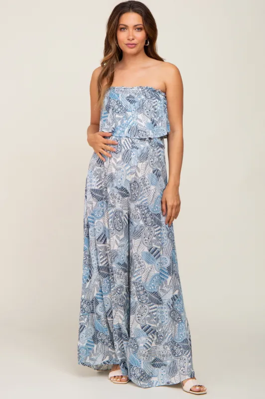 Blue Printed Strapless Ruffle Hem Maternity Jumpsuit sold by Pinkblush