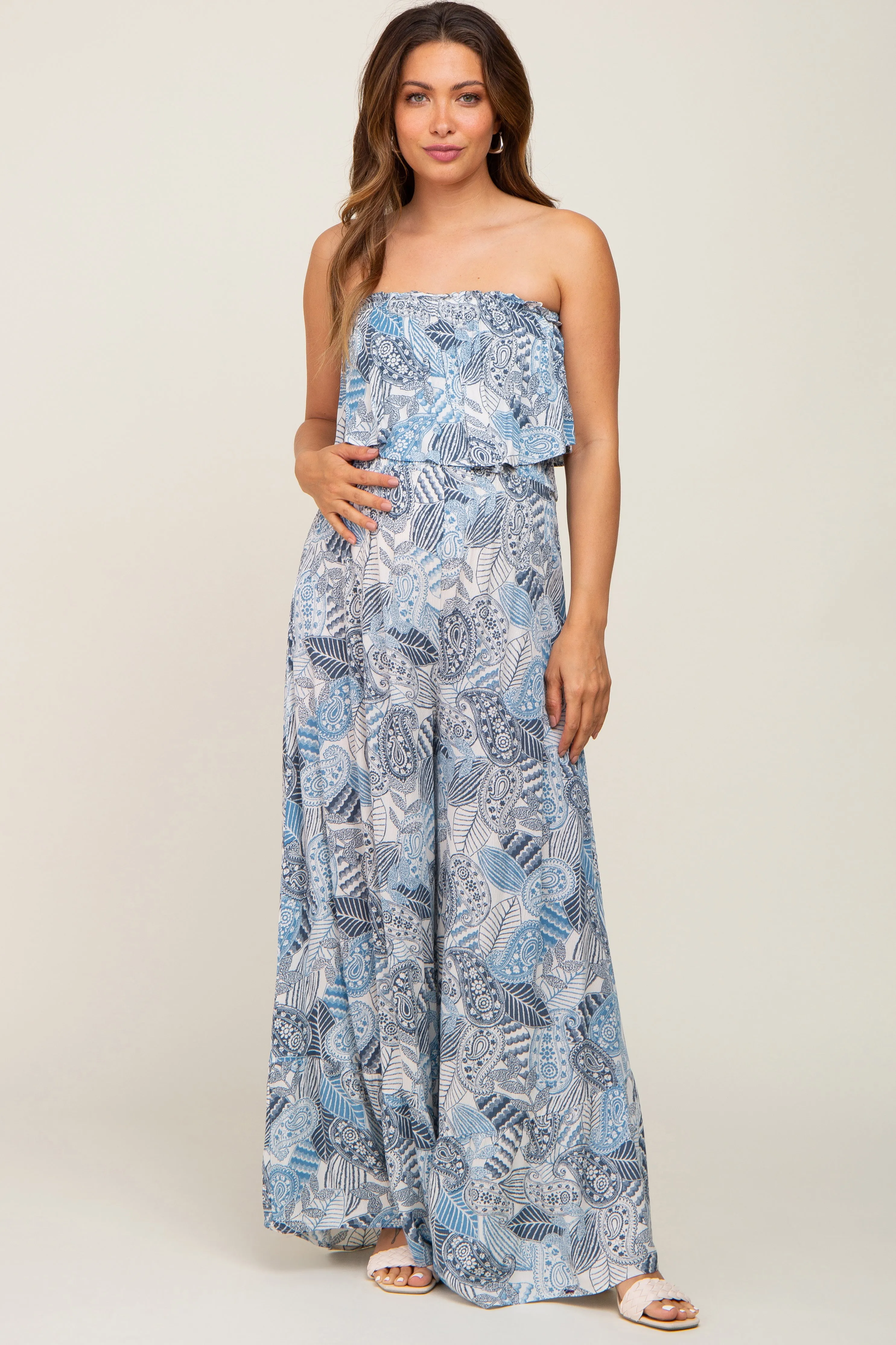 Blue Printed Strapless Ruffle Hem Maternity Jumpsuit sold by Pinkblush