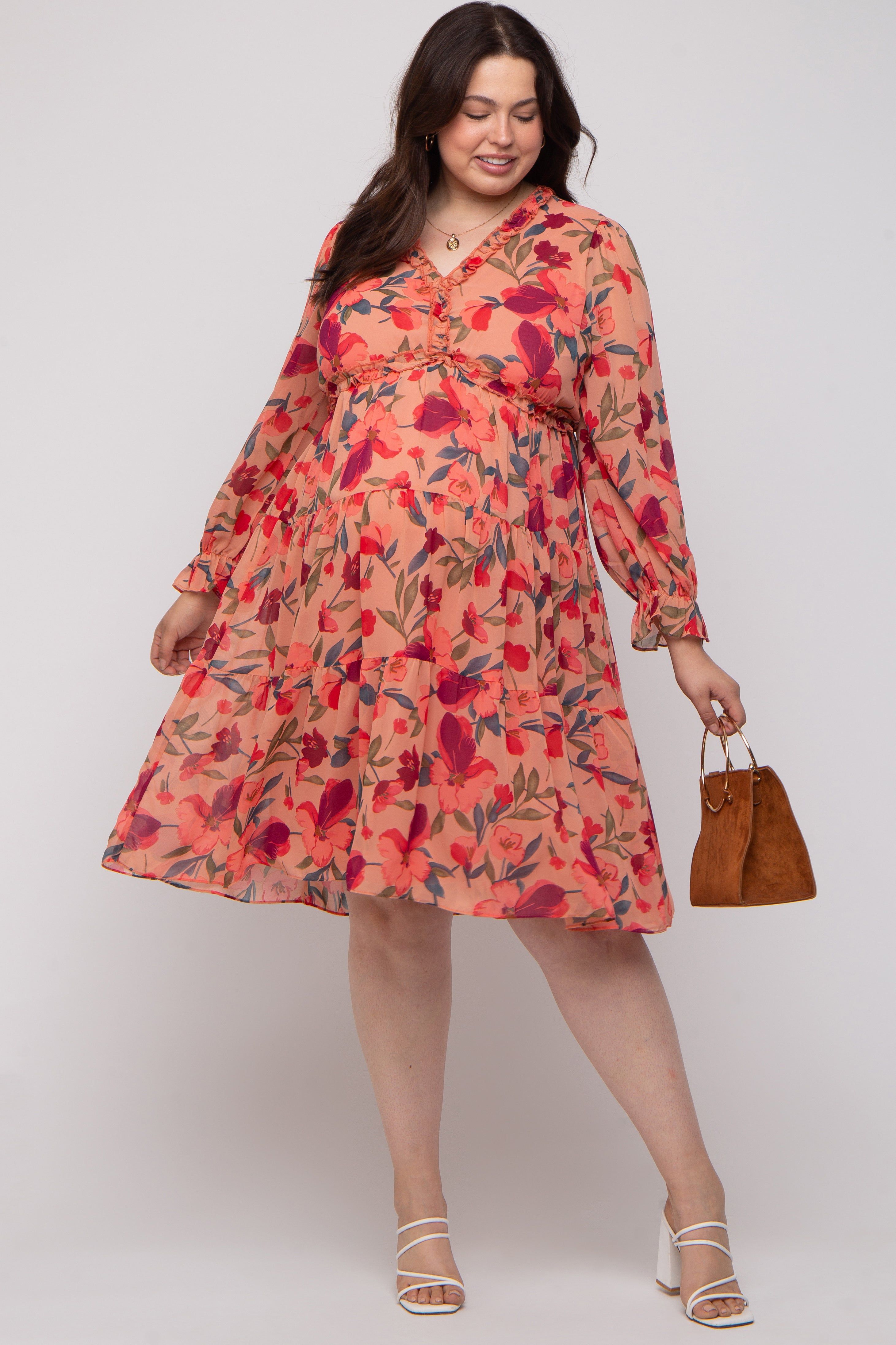 Mauve Floral Ruffle V-Neck Maternity Plus Dress sold by Pinkblush product image thumbnail 3