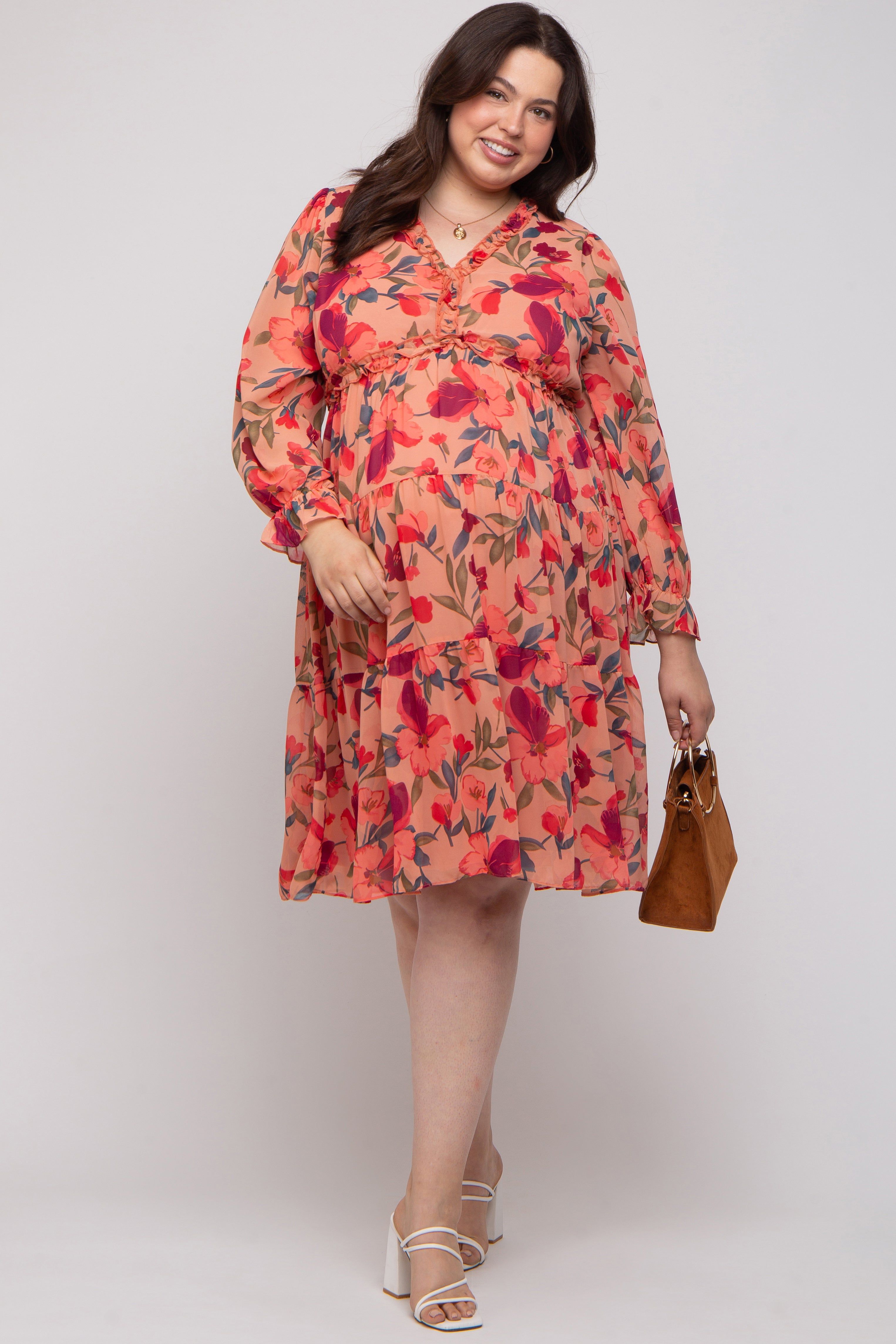 Mauve Floral Ruffle V-Neck Maternity Plus Dress sold by Pinkblush