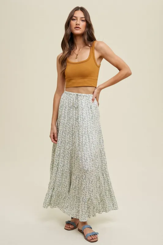 Sage Floral Tiered Maxi Skirt With Drawstring sold by Pinkblush