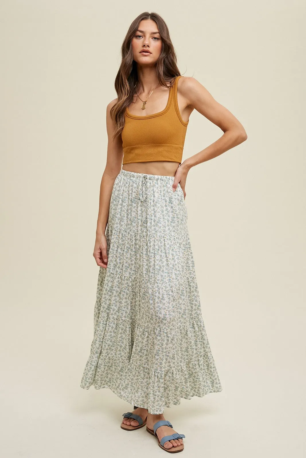 Sage Floral Tiered Maxi Skirt With Drawstring sold by Pinkblush