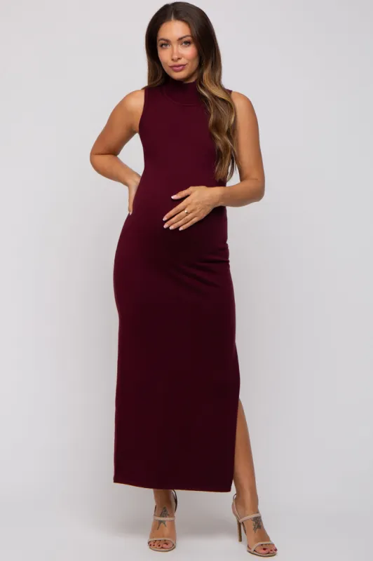 Burgundy Sleeveless Mock Neck Maternity Midi Dress sold by Pinkblush