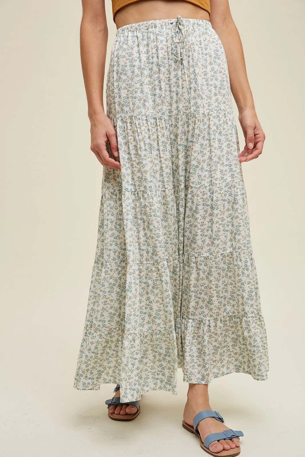 Sage Floral Tiered Maxi Skirt With Drawstring sold by Pinkblush product image thumbnail 2
