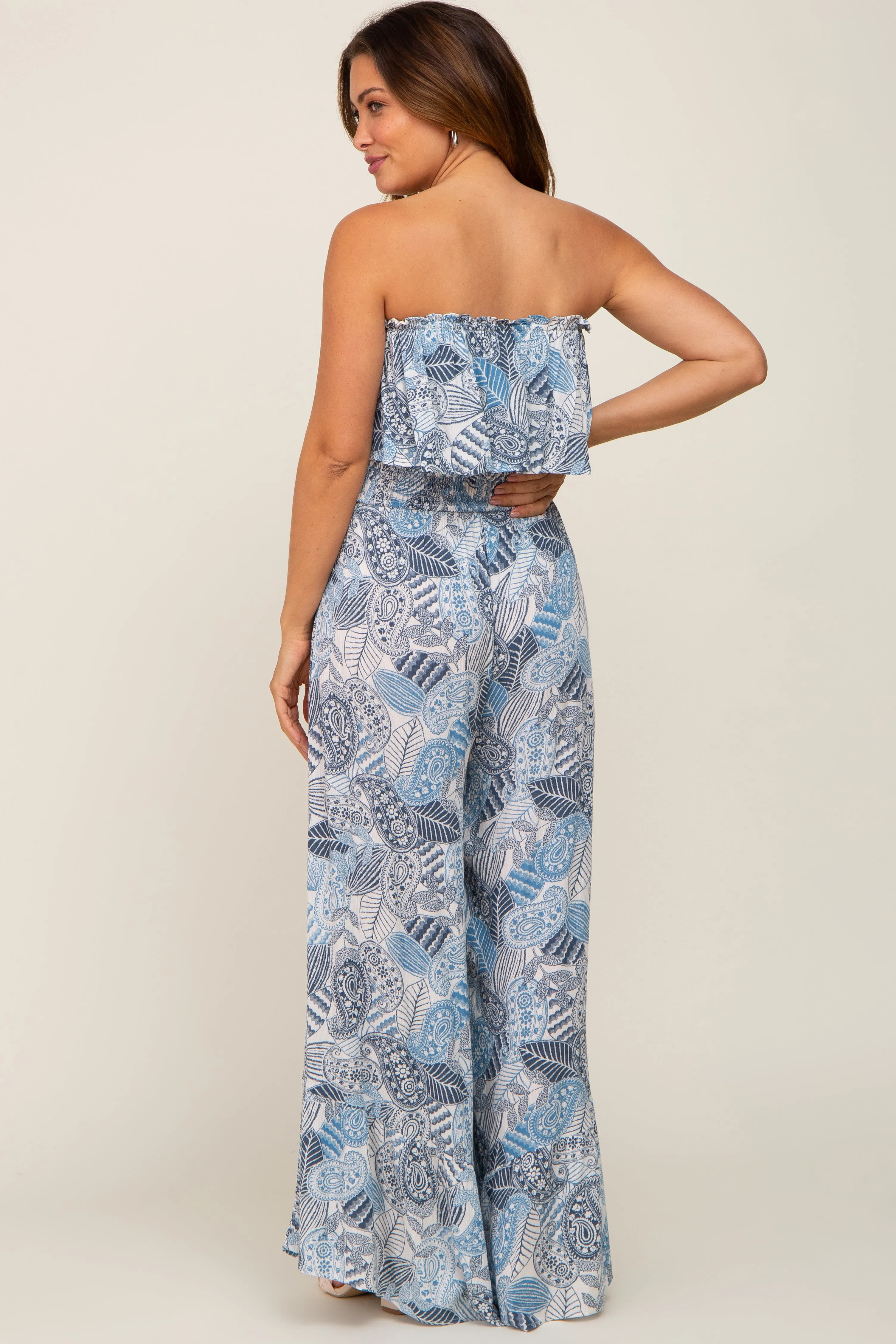 Blue Printed Strapless Ruffle Hem Maternity Jumpsuit sold by Pinkblush product image thumbnail 3