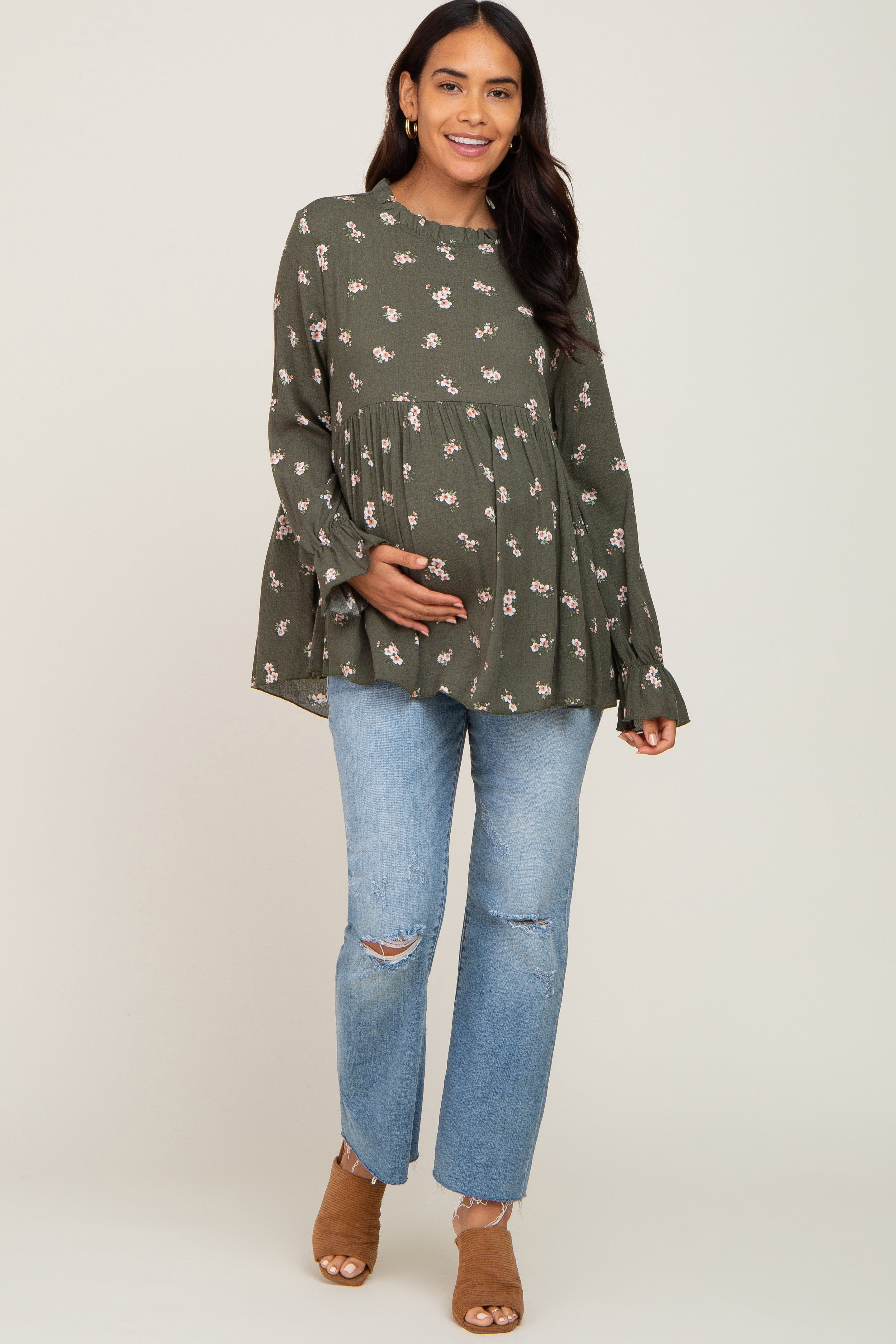 Olive Rust Floral Ruffle Accent Maternity Babydoll Top sold by Pinkblush product image thumbnail 4