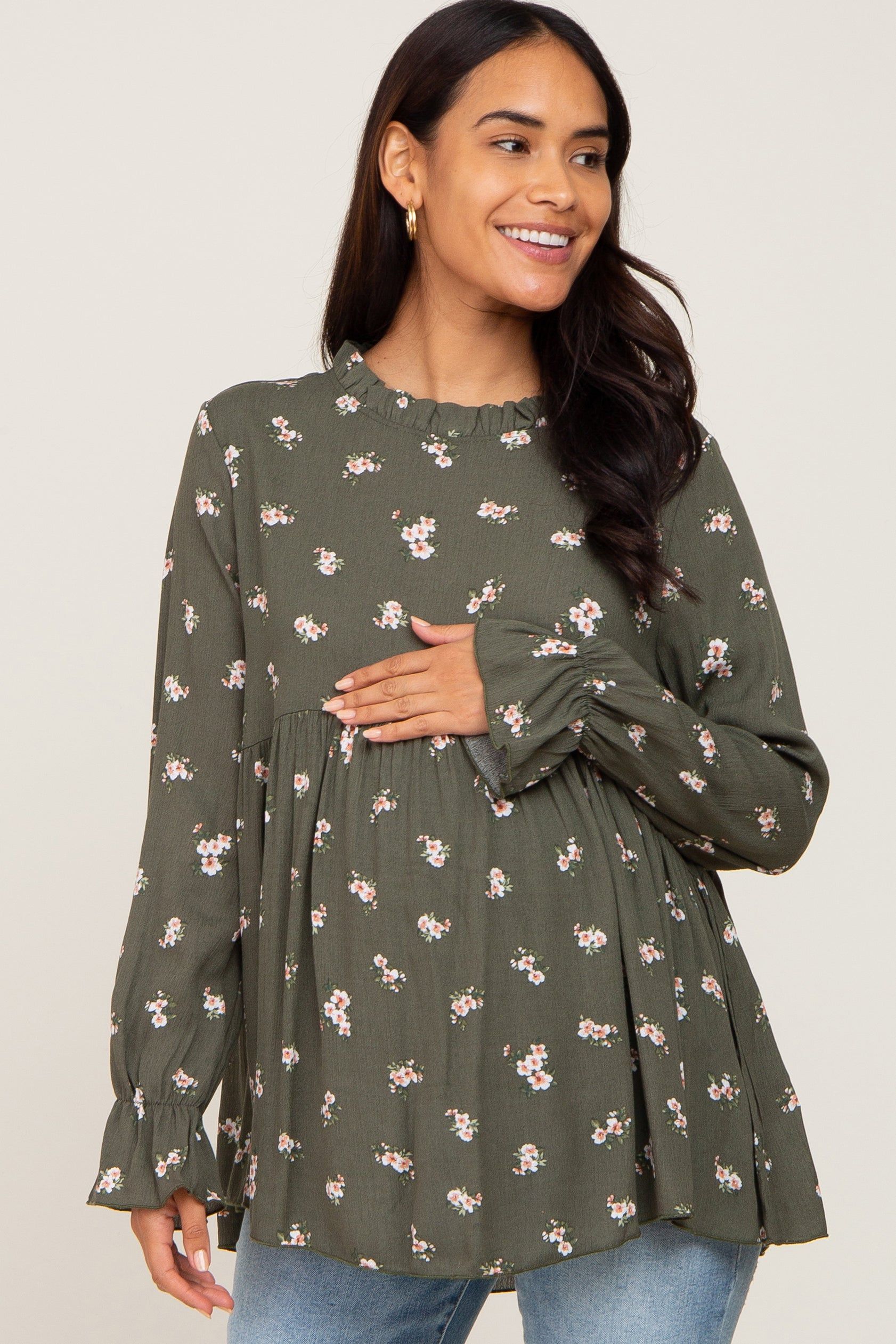 Olive Rust Floral Ruffle Accent Maternity Babydoll Top sold by Pinkblush