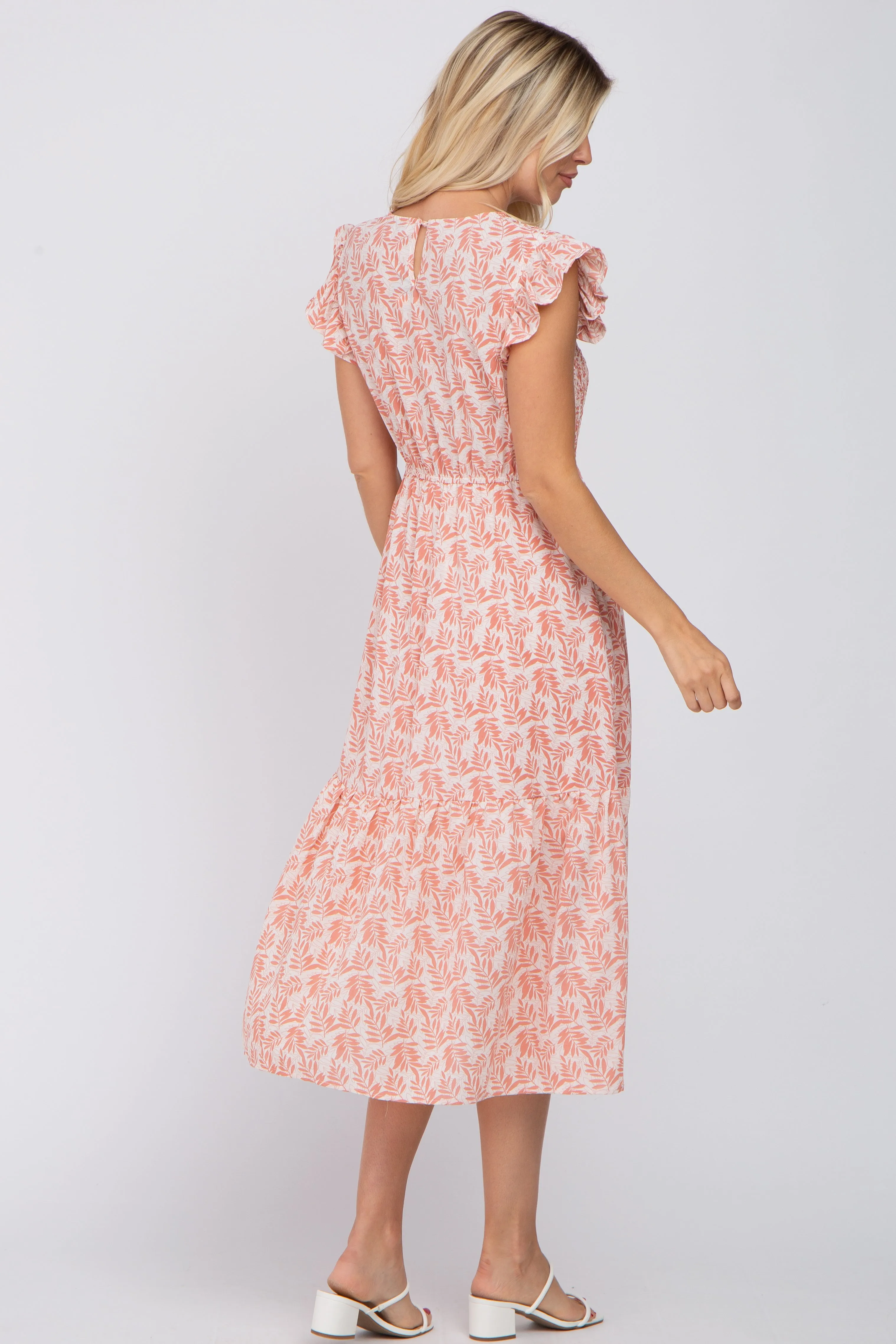 Pink Leaf Print Smocked Ruffle Sleeve Midi Dress sold by Pinkblush product image thumbnail 3