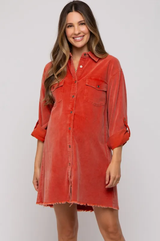 Rust Corduroy Button Front Fringe Hem Maternity Dress sold by Pinkblush
