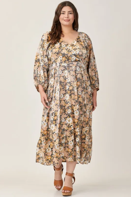 Black Floral Shimmer Satin Wrap Front V-Neck Plus Midi Dress sold by Pinkblush