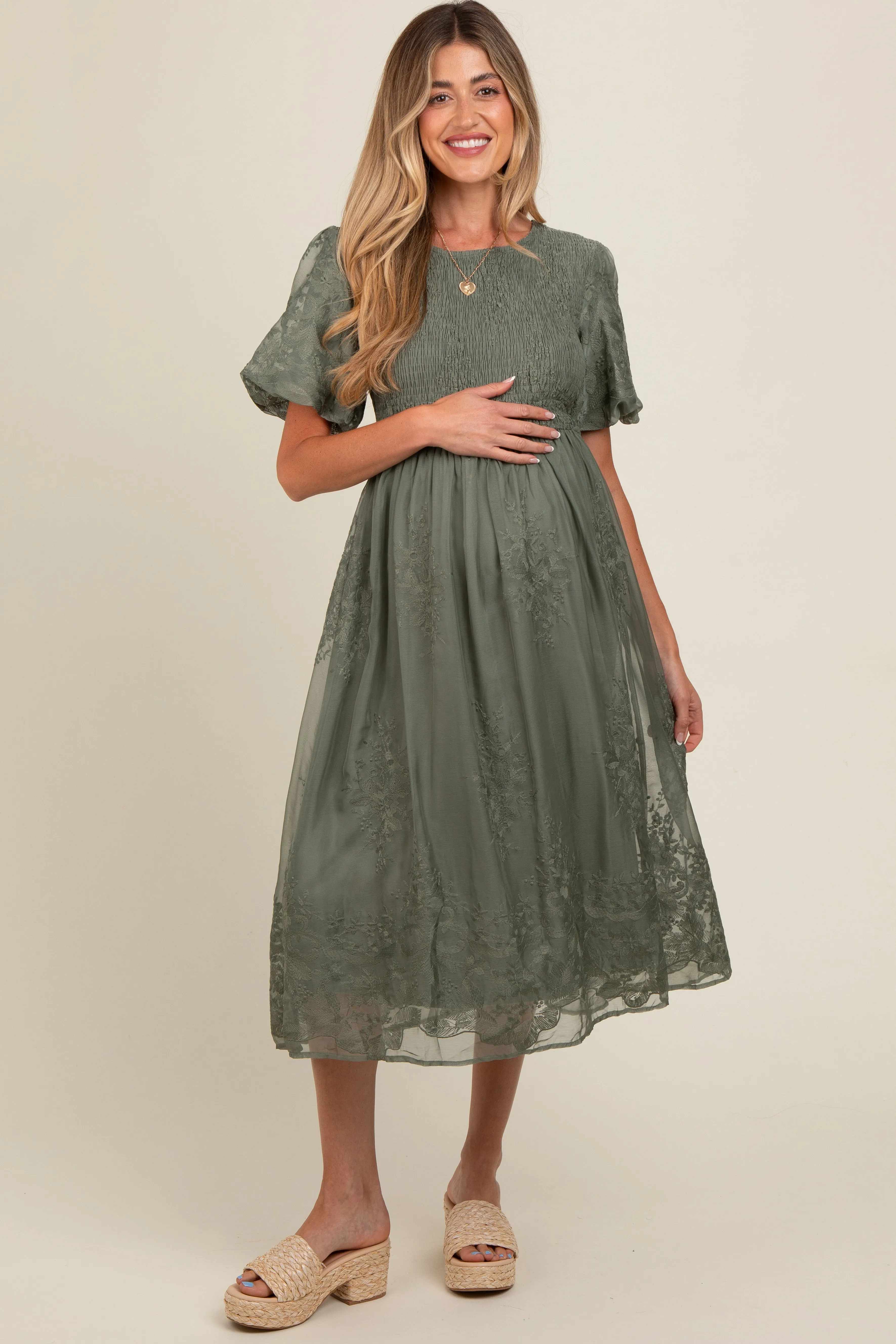 Olive Floral Lace Smocked Maternity Midi Dress sold by Pinkblush product image thumbnail 2