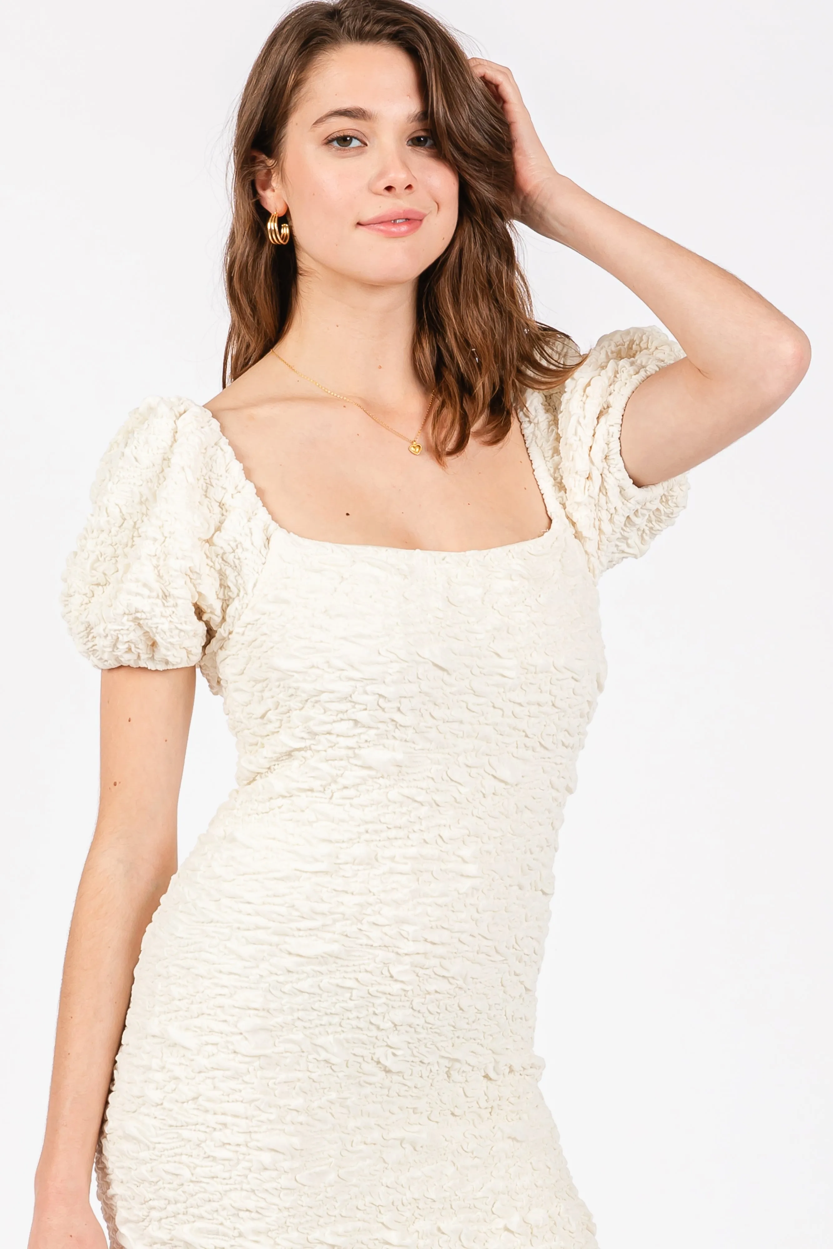 Ivory Textured Square Neck Puff Sleeve Midi Dress sold by Pinkblush product image thumbnail 4