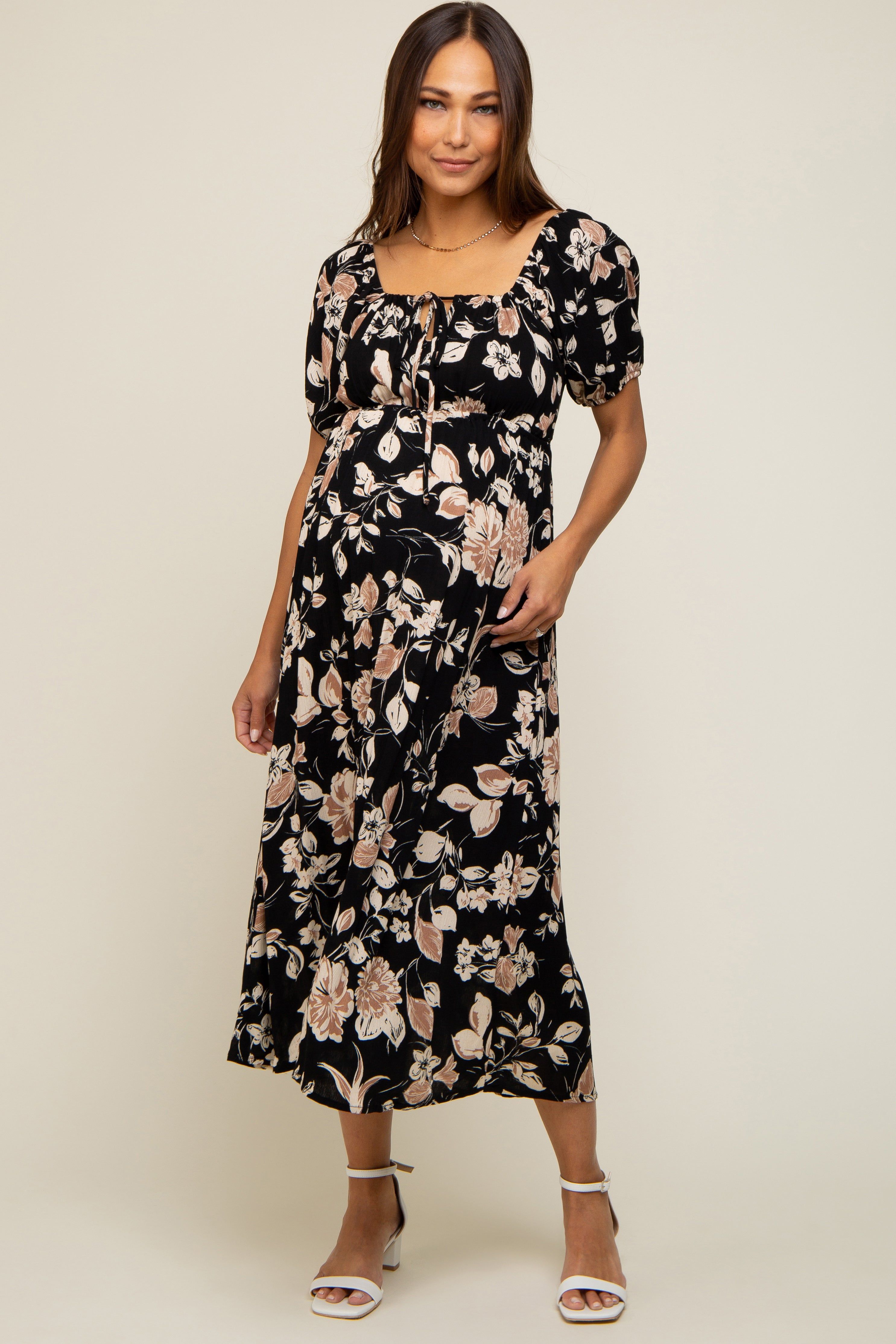 Black Floral Square Neck Short Puff Sleeve Maternity Midi Dress sold by Pinkblush product image thumbnail 4